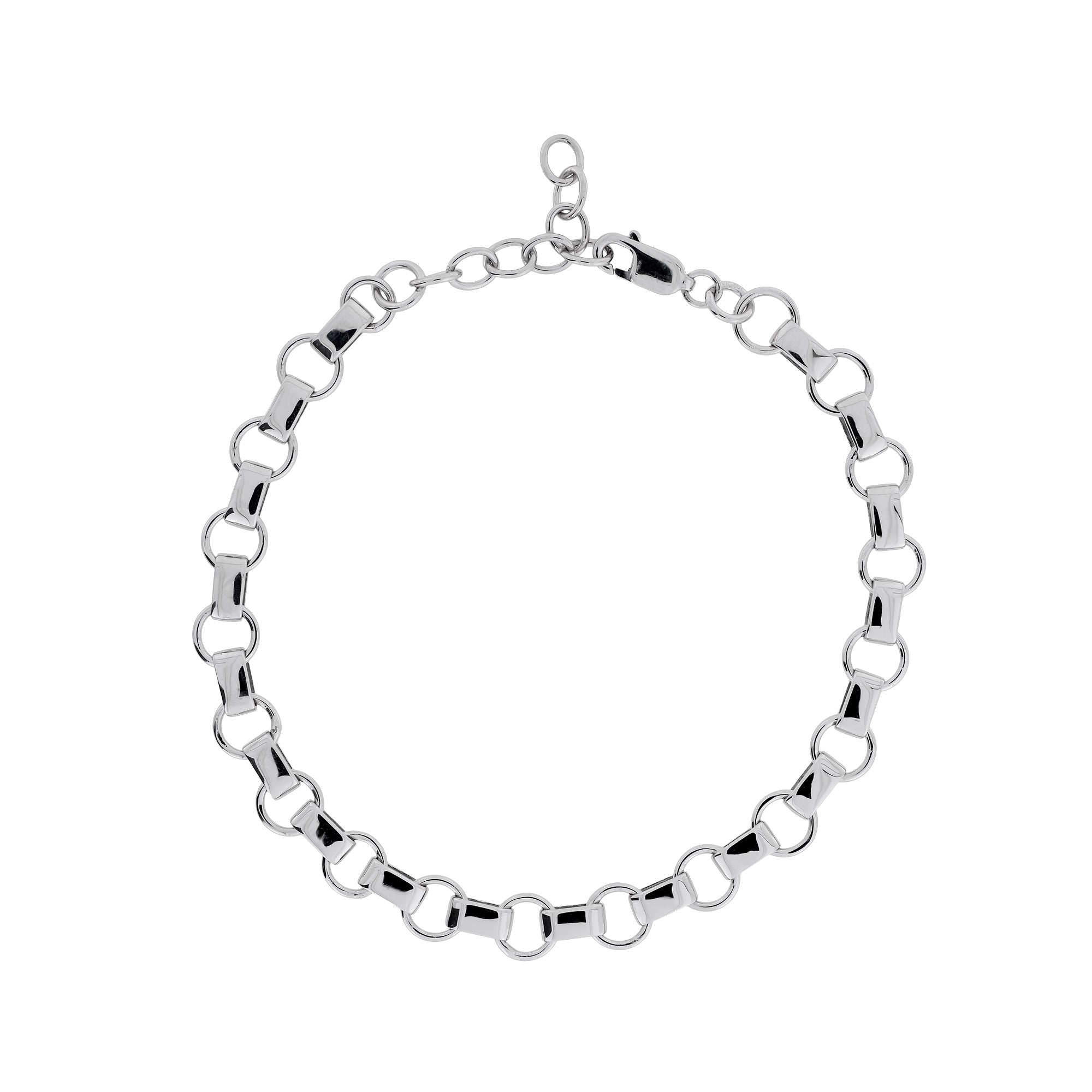 Sterling silver bracelet featuring alternating polished circle and flat oval links with an adjustable chain, showcasing a sleek, minimalist design in fine silver jewellery.