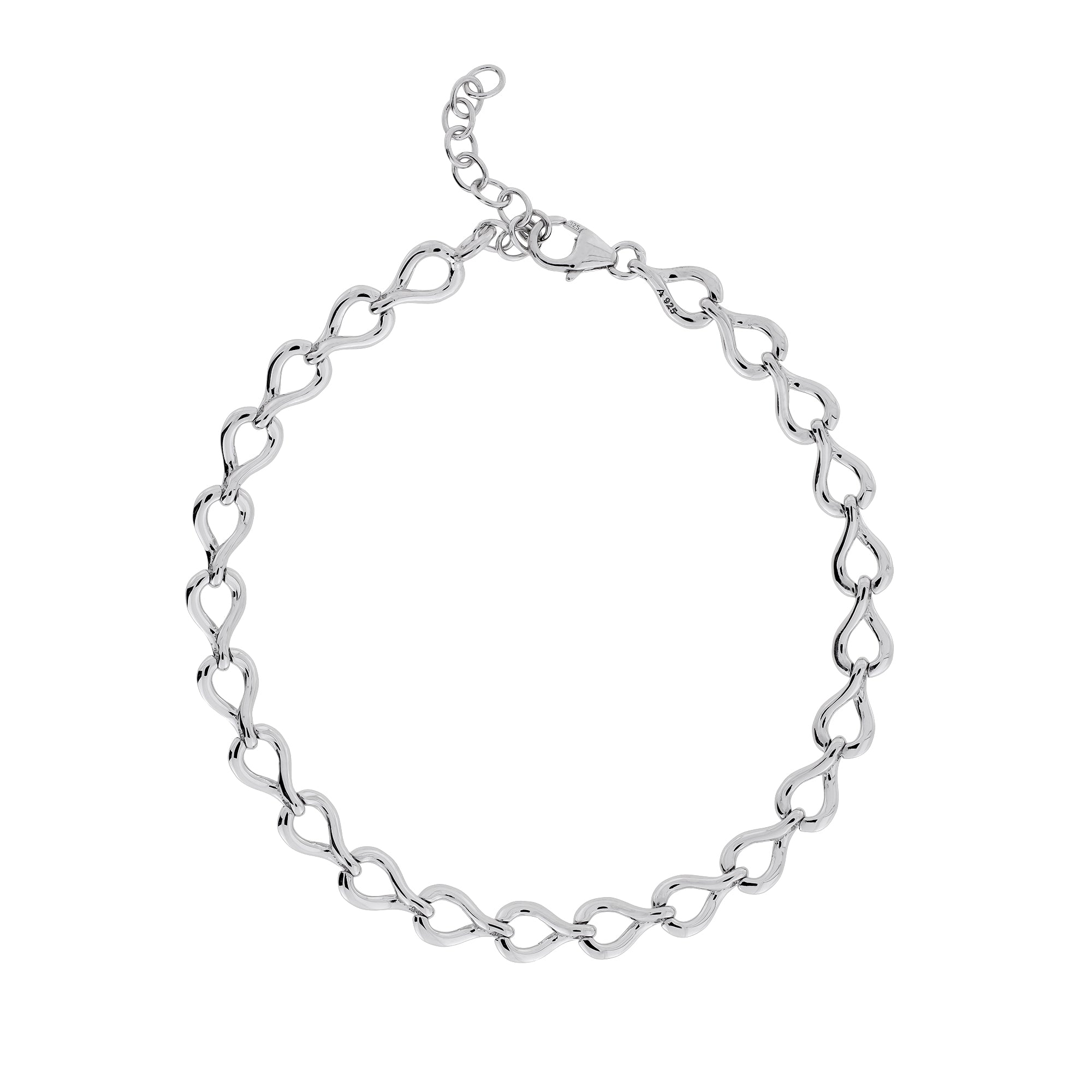 Sterling silver bracelet featuring a series of smooth, interlinked teardrop-shaped loops with an adjustable chain, offering a refined and sculptural design in silver jewellery.