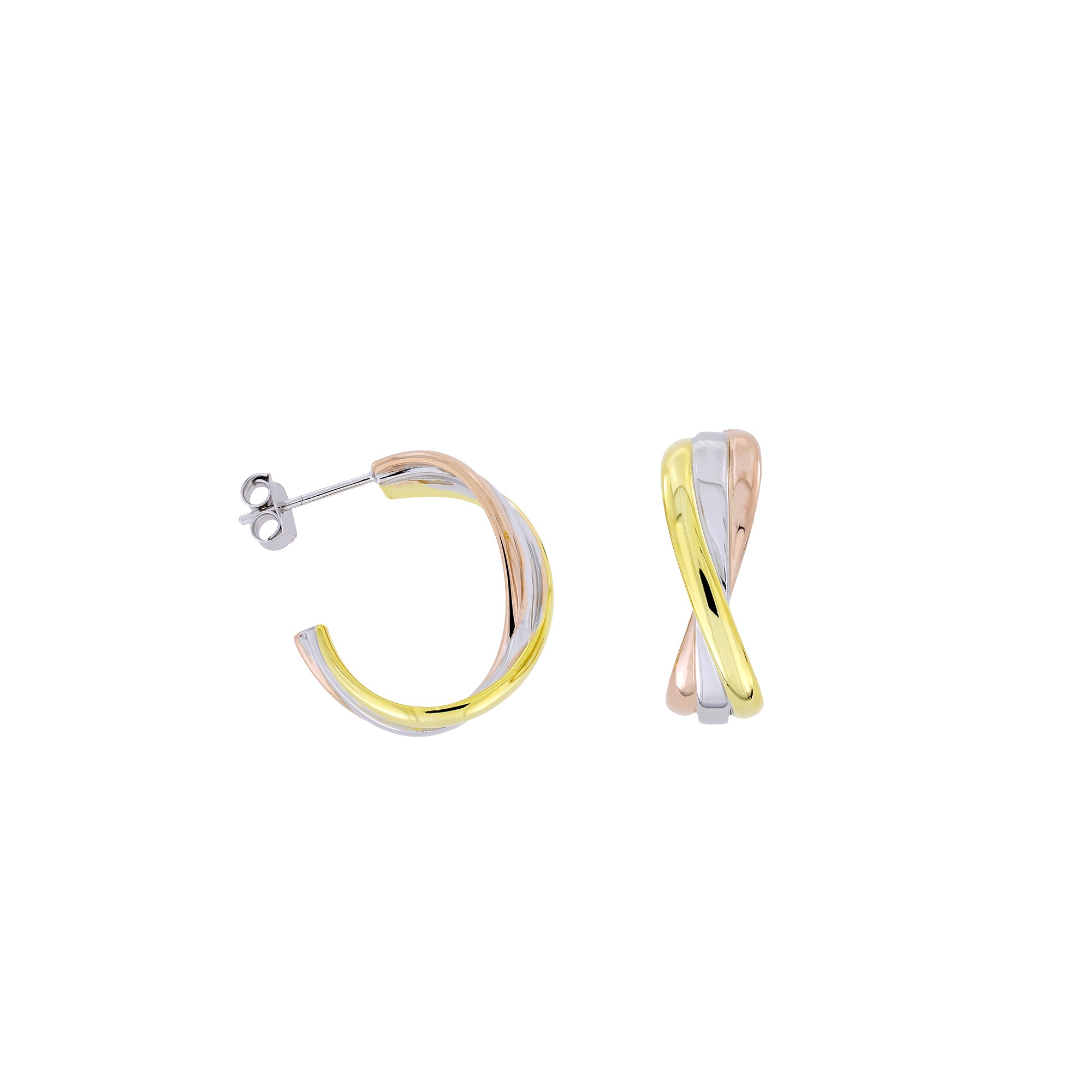 Three-strand hoop earrings featuring intertwined bands in rose gold, yellow gold, and sterling silver, showcasing a contemporary sculptural design in fine silver jewellery.