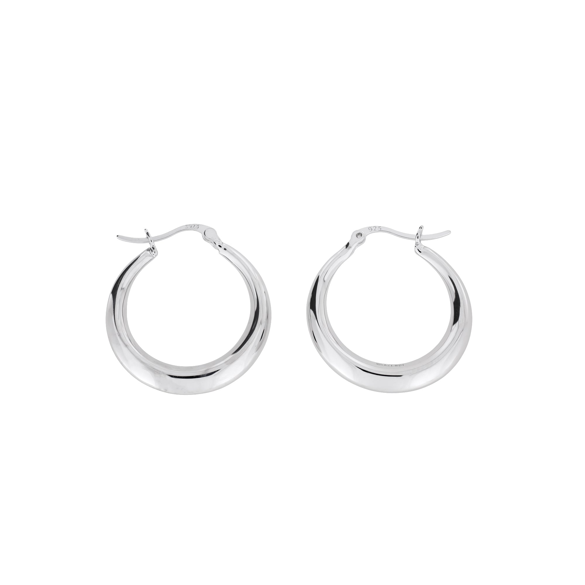 Pair of sterling silver large hoop earrings featuring a smooth beveled edge design with a polished finish, reflecting understated elegance in fine British silver jewellery.