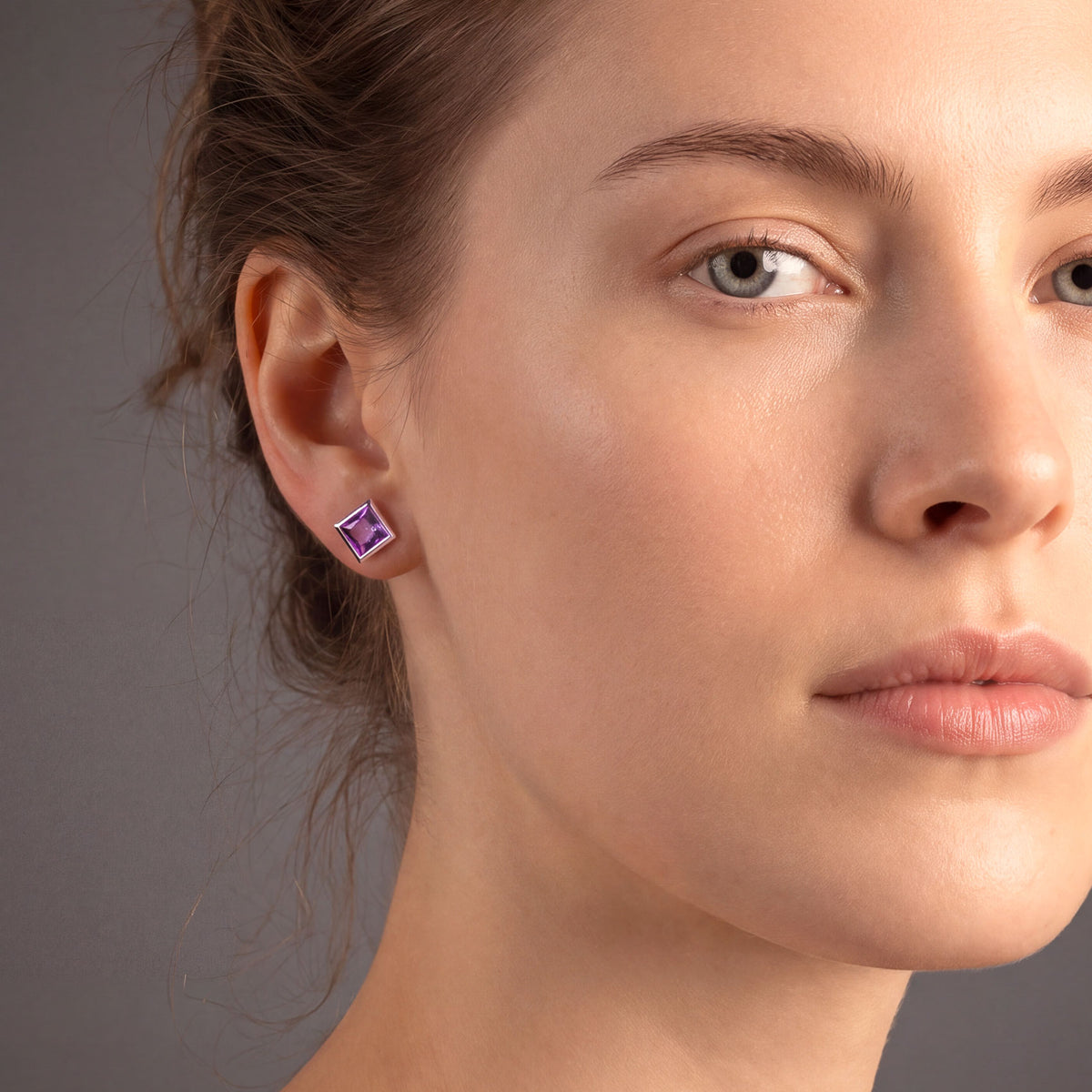 Sterling Silver Princess Cut Amethyst Stud Earrings - Small