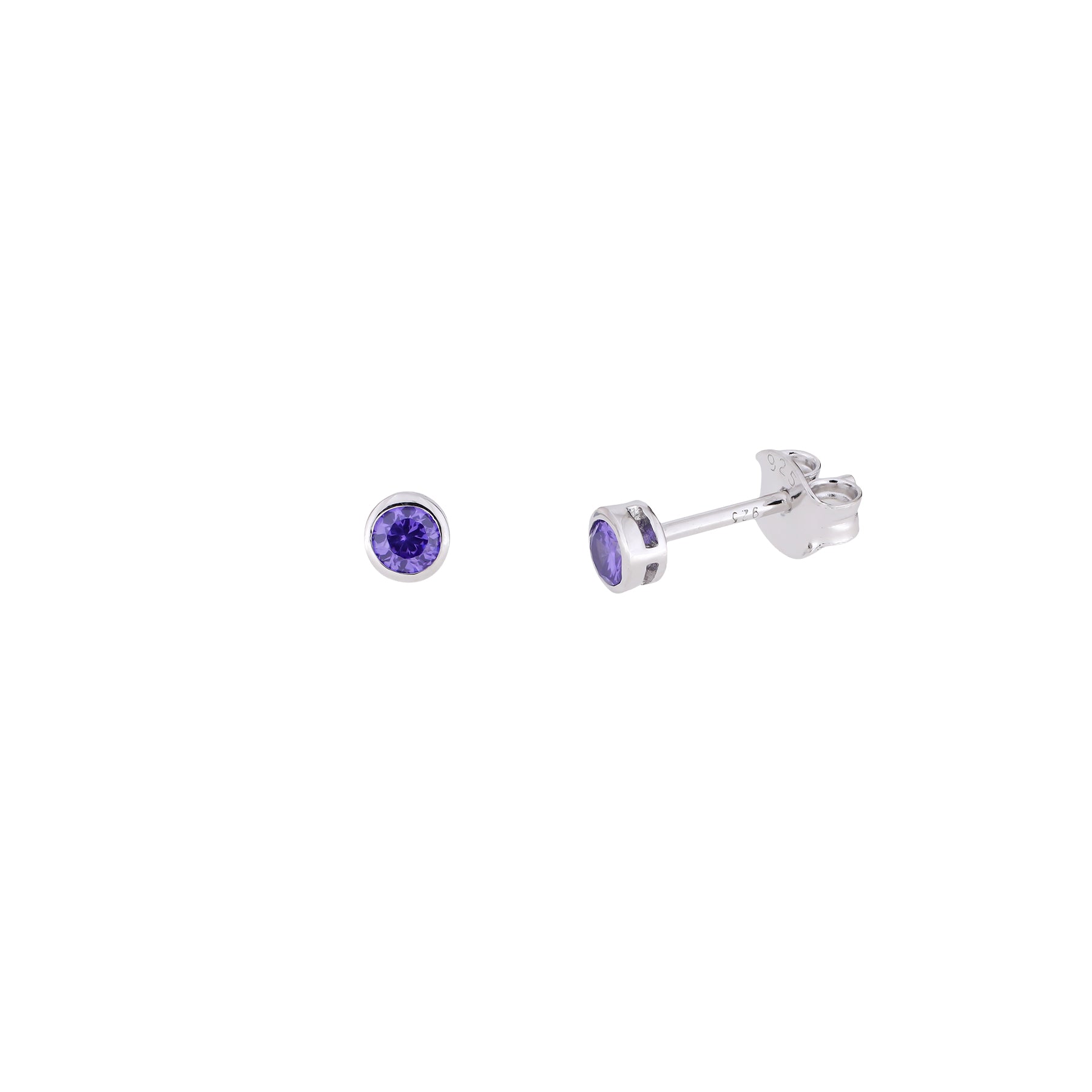 Pair of sterling silver stud earrings each set with a 3mm brilliant cut dark violet stone, showcasing a minimalist and contemporary design with secure butterfly backs.