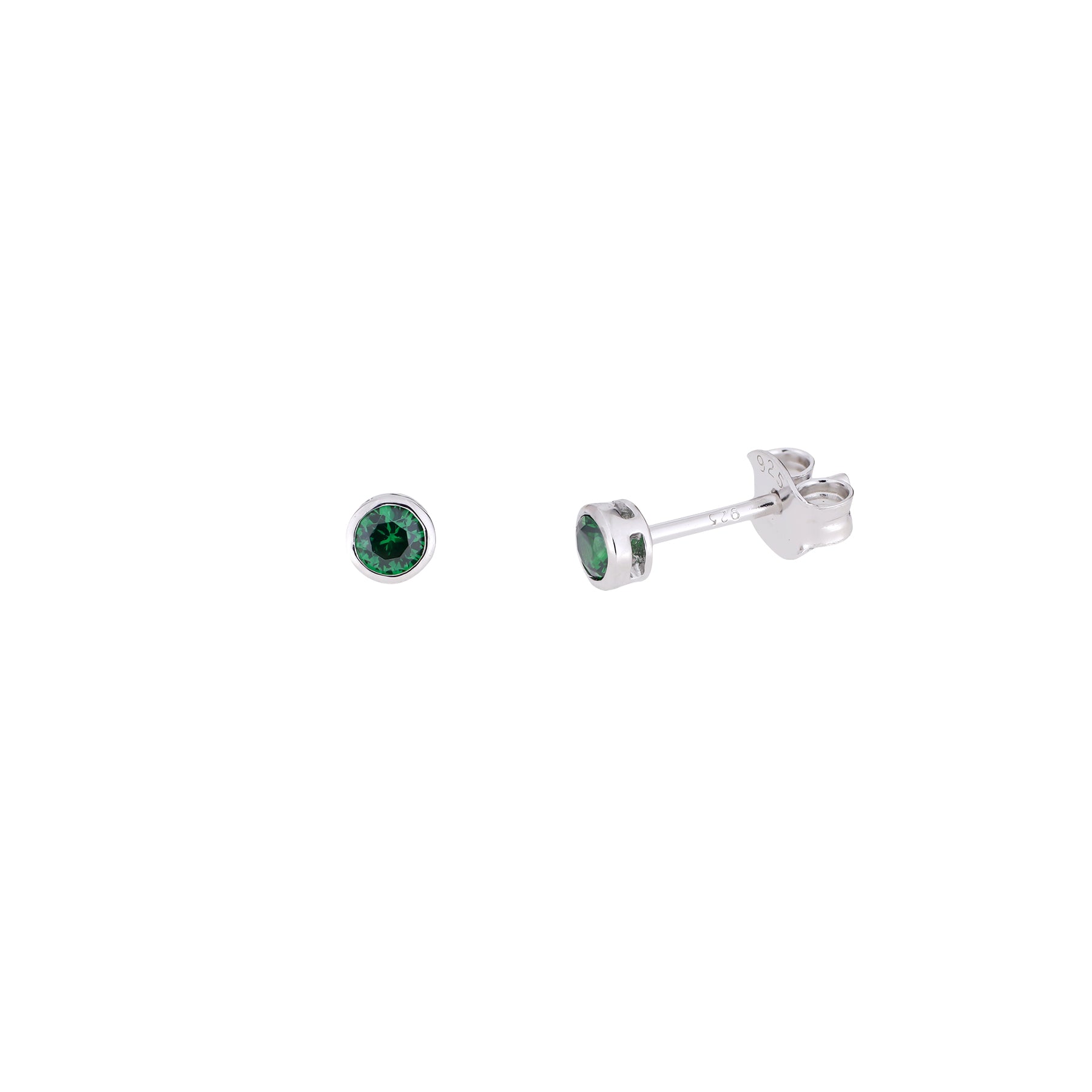 Pair of sterling silver stud earrings featuring brilliant cut green stones set in a sleek bezel design, showcasing a polished and contemporary style.