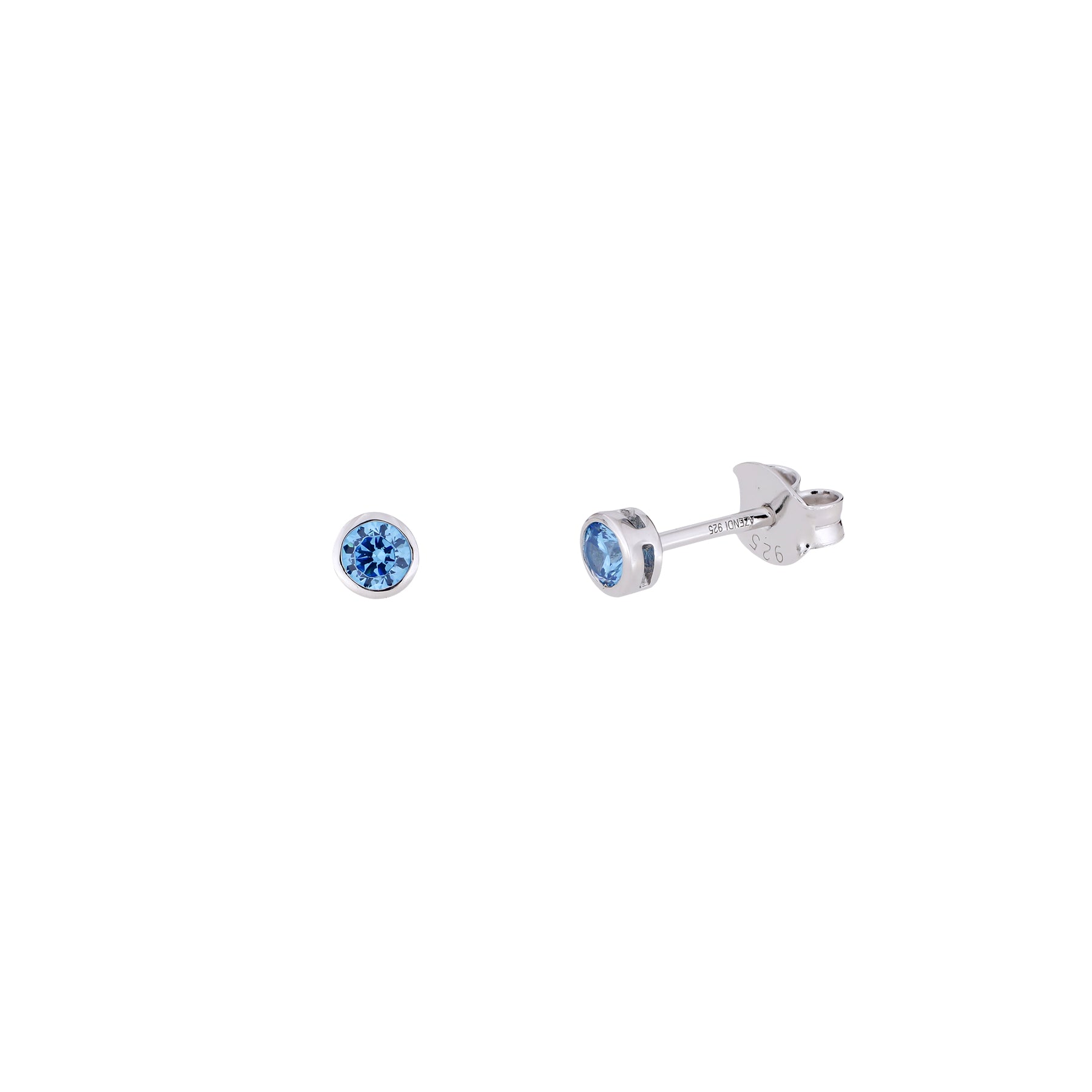 Pair of sterling silver stud earrings featuring brilliant cut 3mm aqua stones set in a sleek, modern bezel setting, highlighting a refined and elegant design.