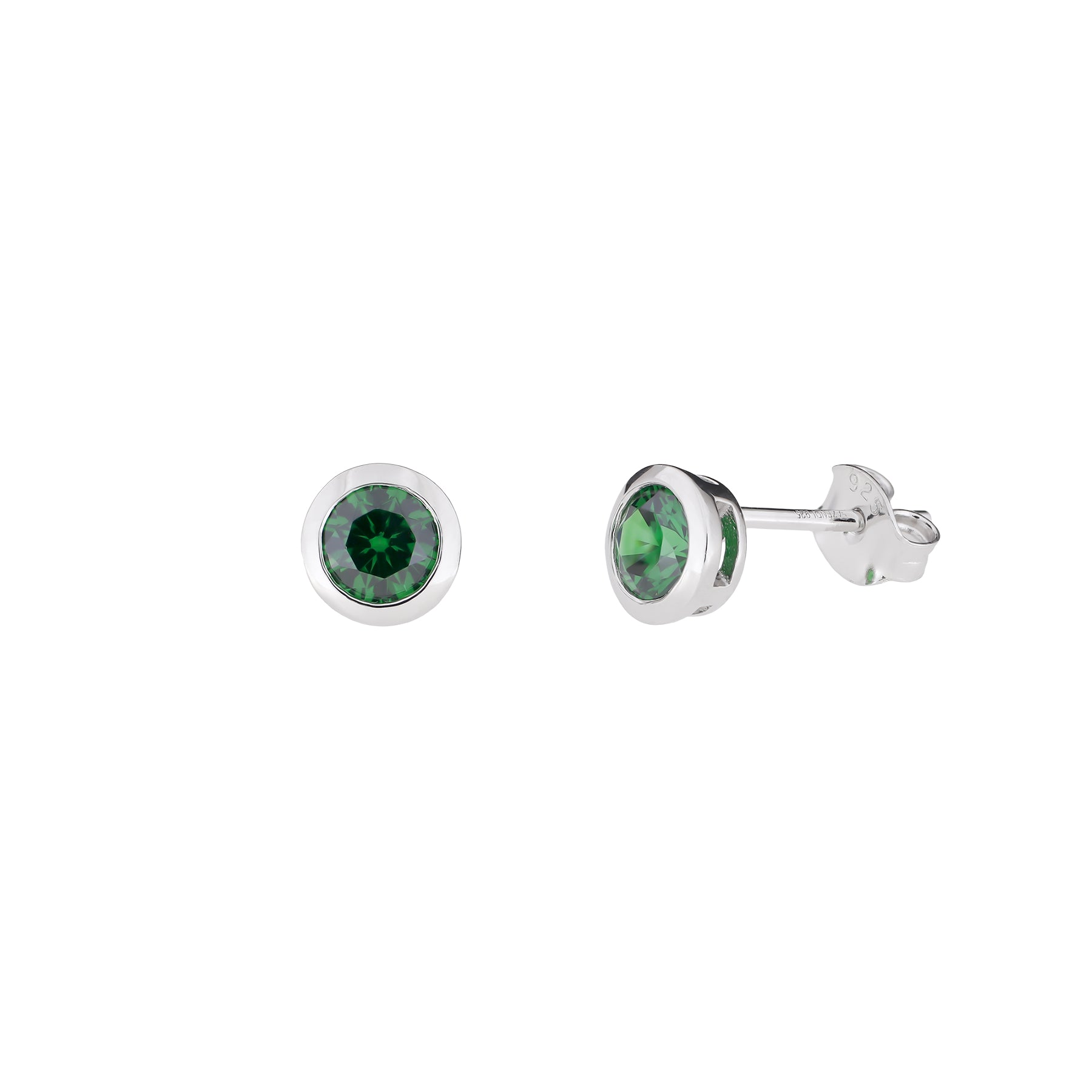 Pair of sterling silver stud earrings featuring 5mm brilliant cut green stones set in a smooth bezel, showcasing a sleek and timeless design with secure butterfly backs.