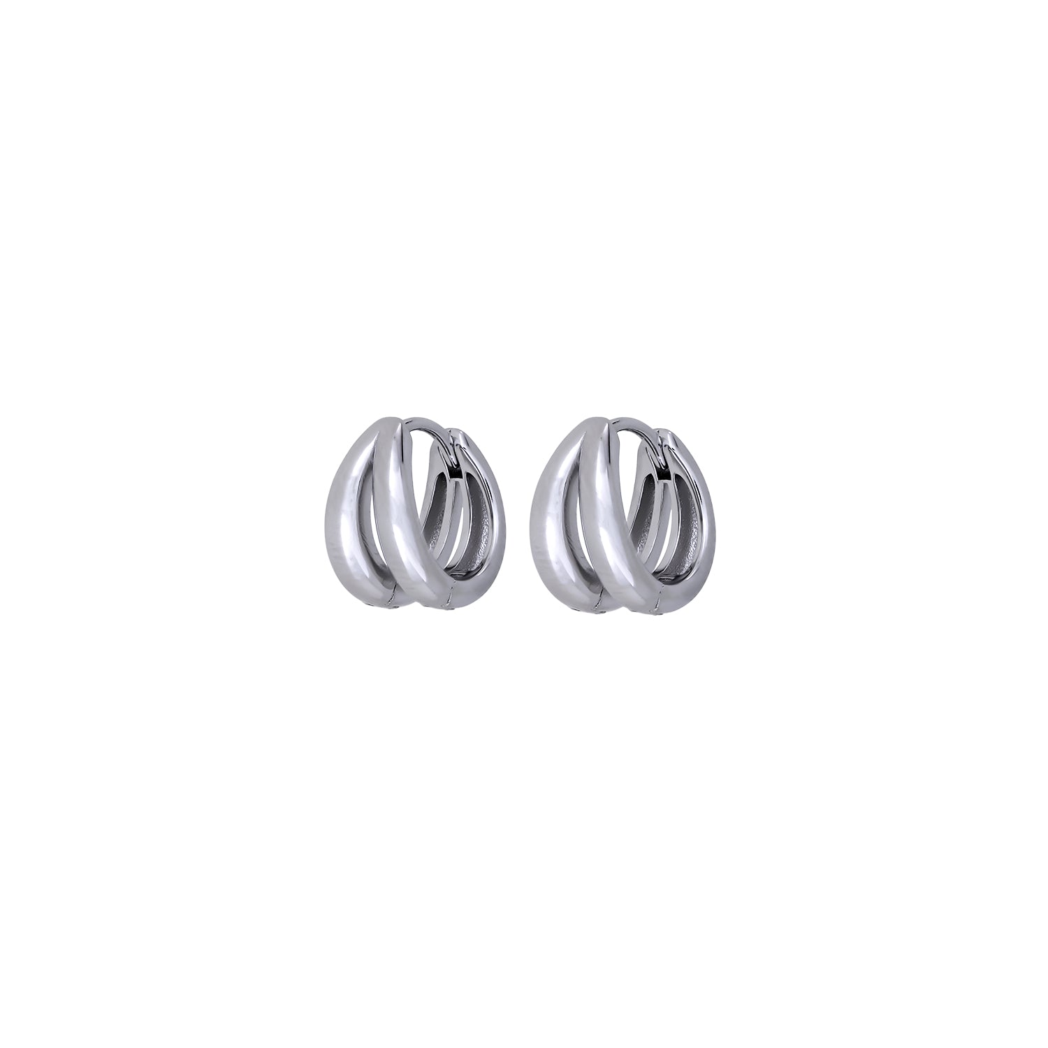Pair of sterling silver double hinged hoop earrings featuring a smooth, sculptural design with a polished finish, showcasing contemporary elegance in fine silver jewellery.