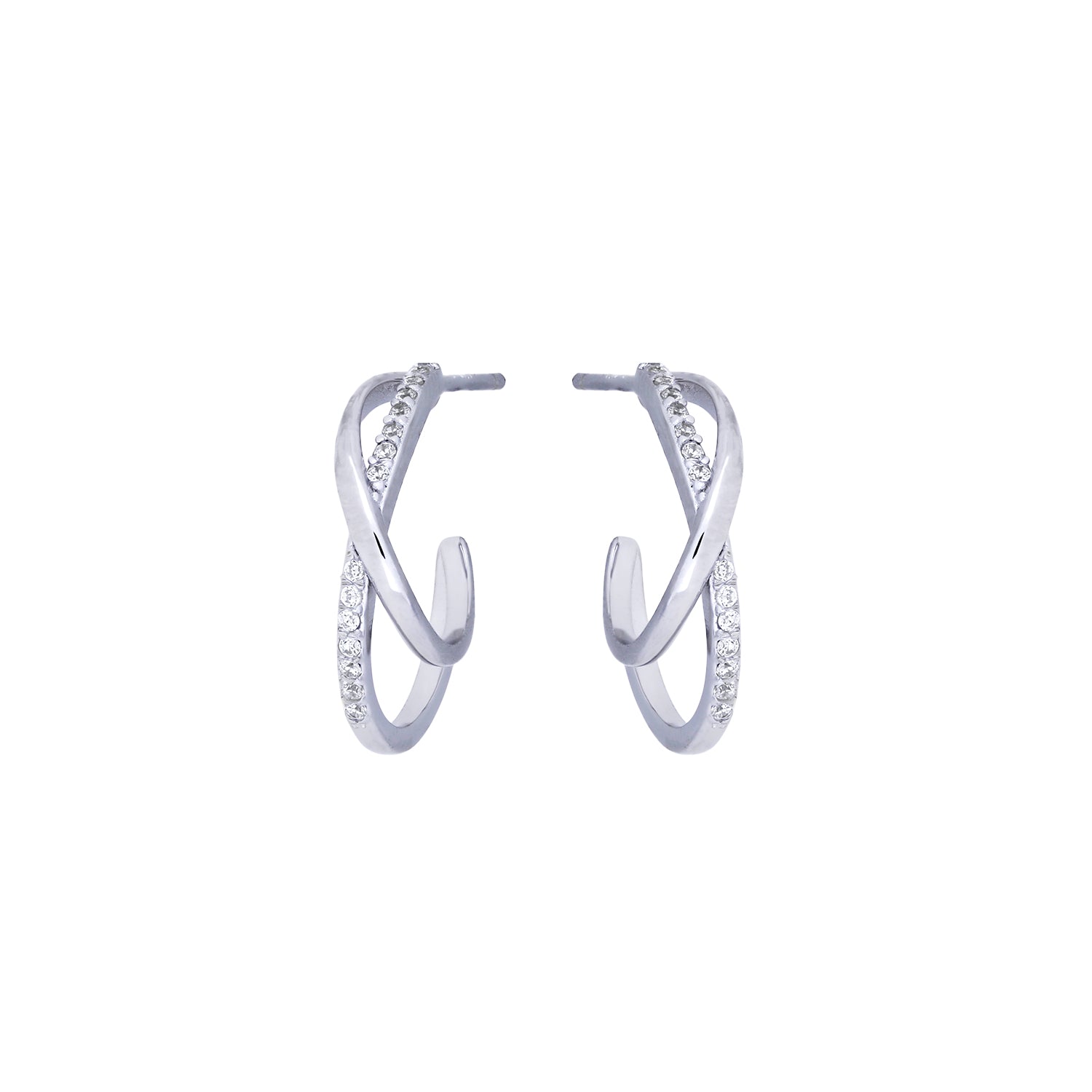 Pair of medium sterling silver hoop earrings featuring an elegant crossover wave design accented with pavé-set stones for a sculptural and refined finish.