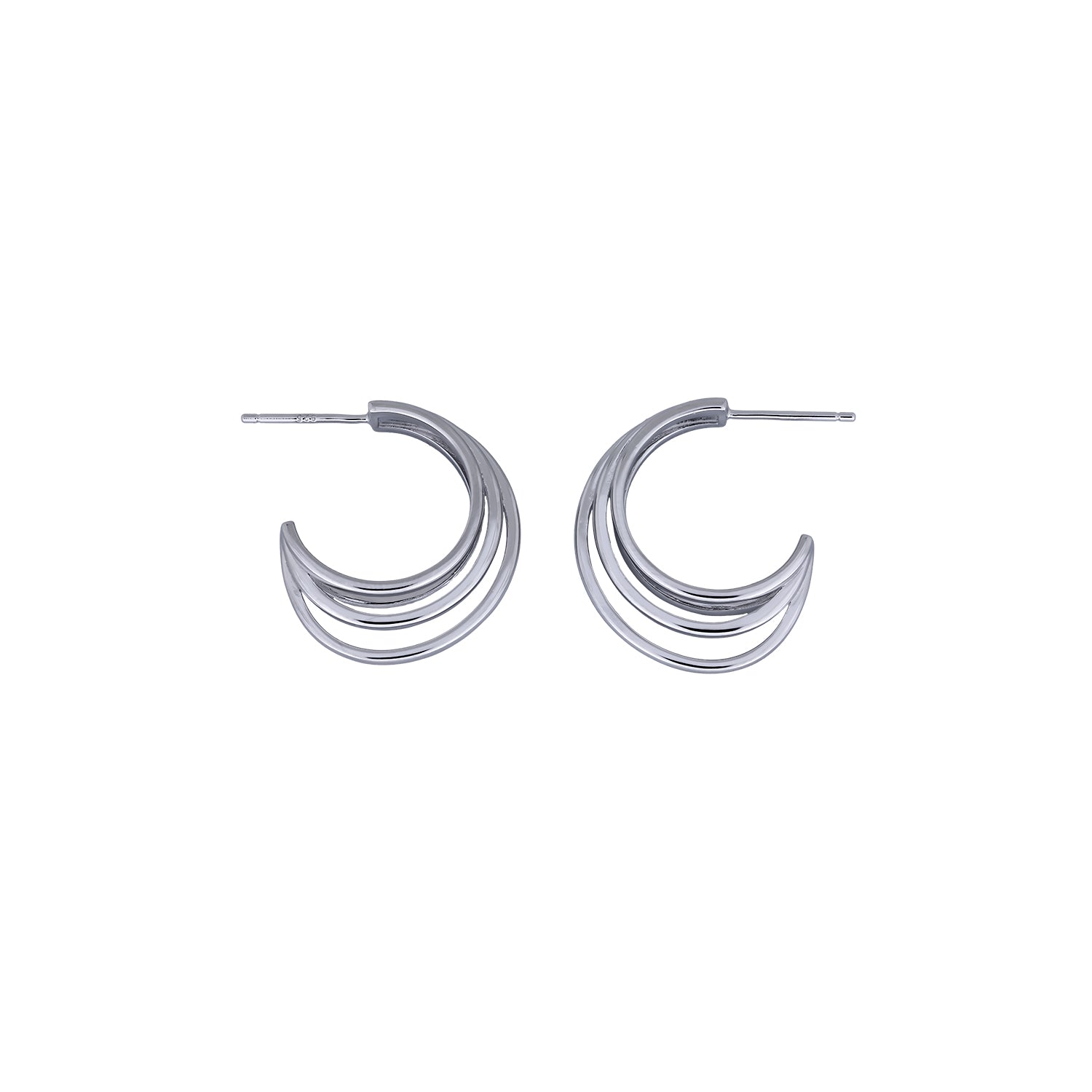 Pair of sterling silver hoop earrings featuring four polished strands with a sculptural curved design, embodying elegant contemporary silver jewellery by Azendi.