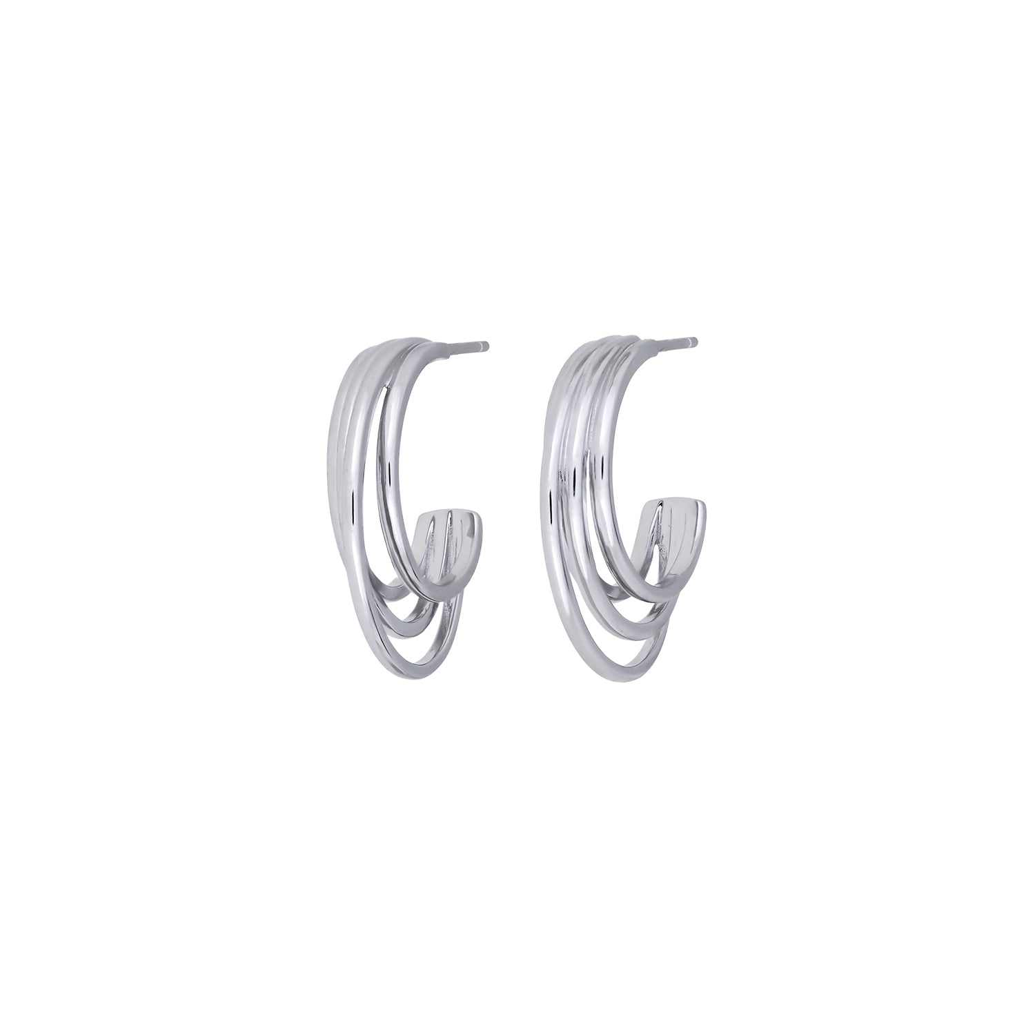 Pair of sterling silver hoop earrings featuring a sculptural four-strand design with a polished finish, offering a modern take on classic silver jewellery.