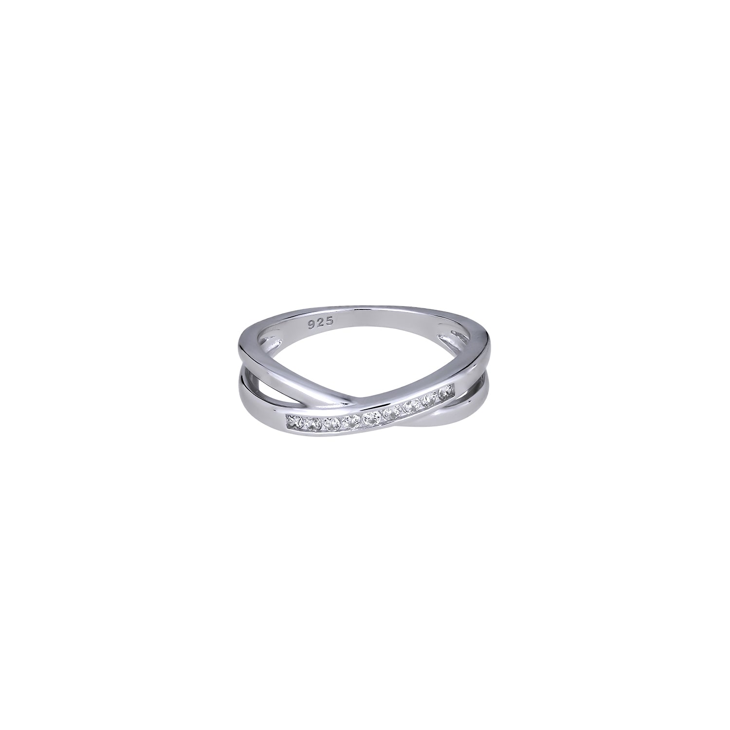Sterling silver crossover ring featuring a sleek band accented with a row of sparkling cubic zirconia stones for a refined and contemporary silver jewellery piece.