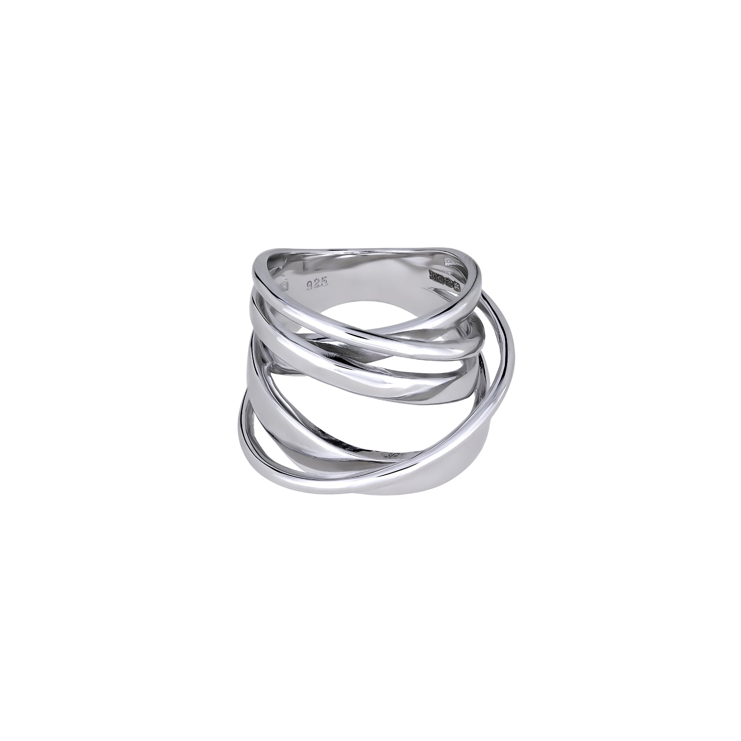 Contemporary sterling silver statement ring featuring five intertwined bands creating a bold, sculptural crossover design with a polished finish.