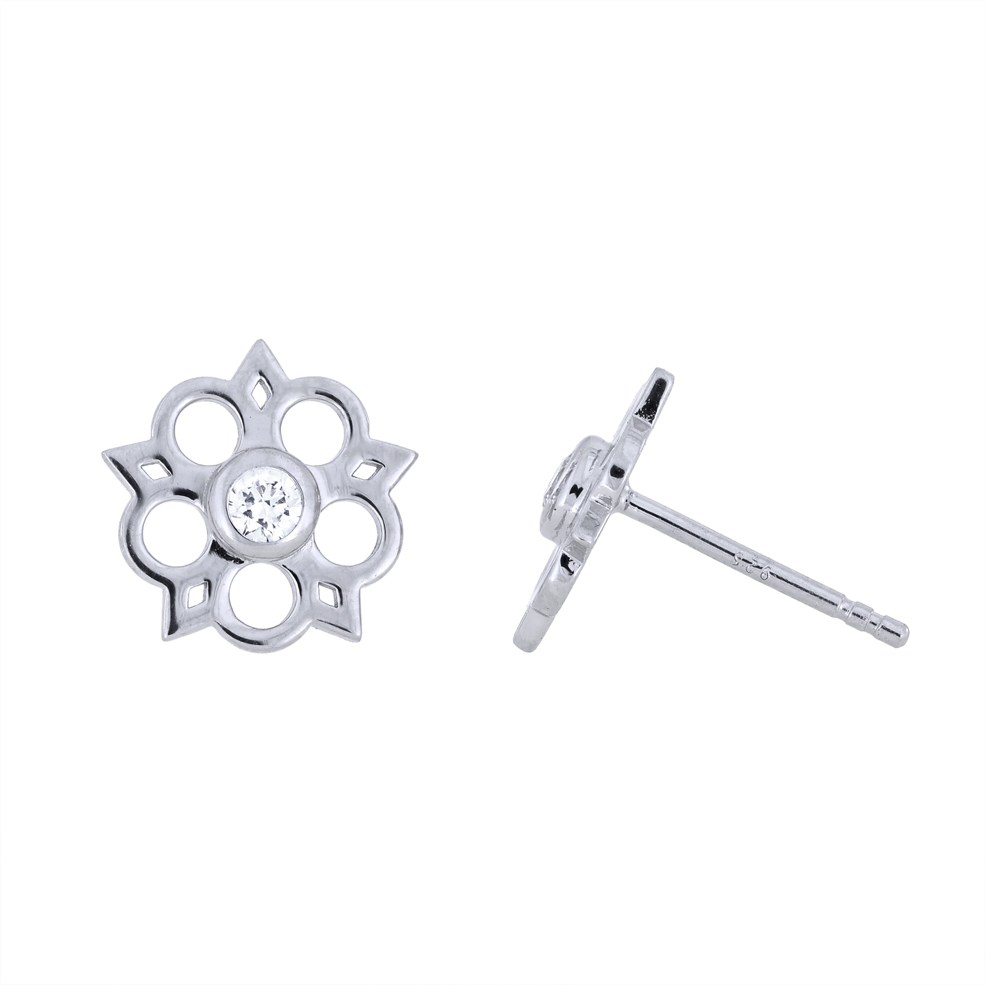 Delicate sterling silver stud earrings featuring an openwork Yorkshire rose motif with a central lab-grown diamond, combining elegant floral design with contemporary silver jewellery.