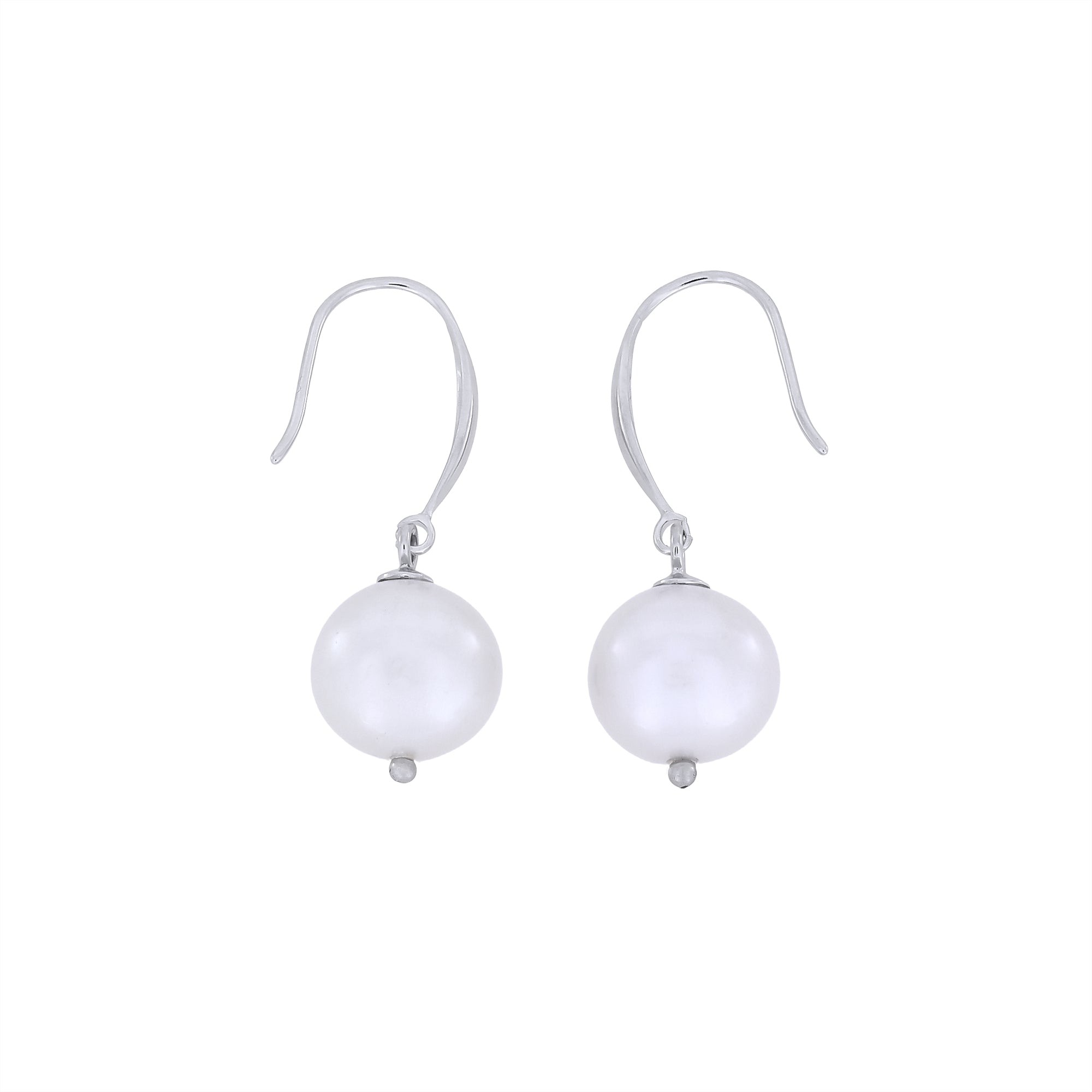 Pair of white spherical freshwater pearl earrings on a white background