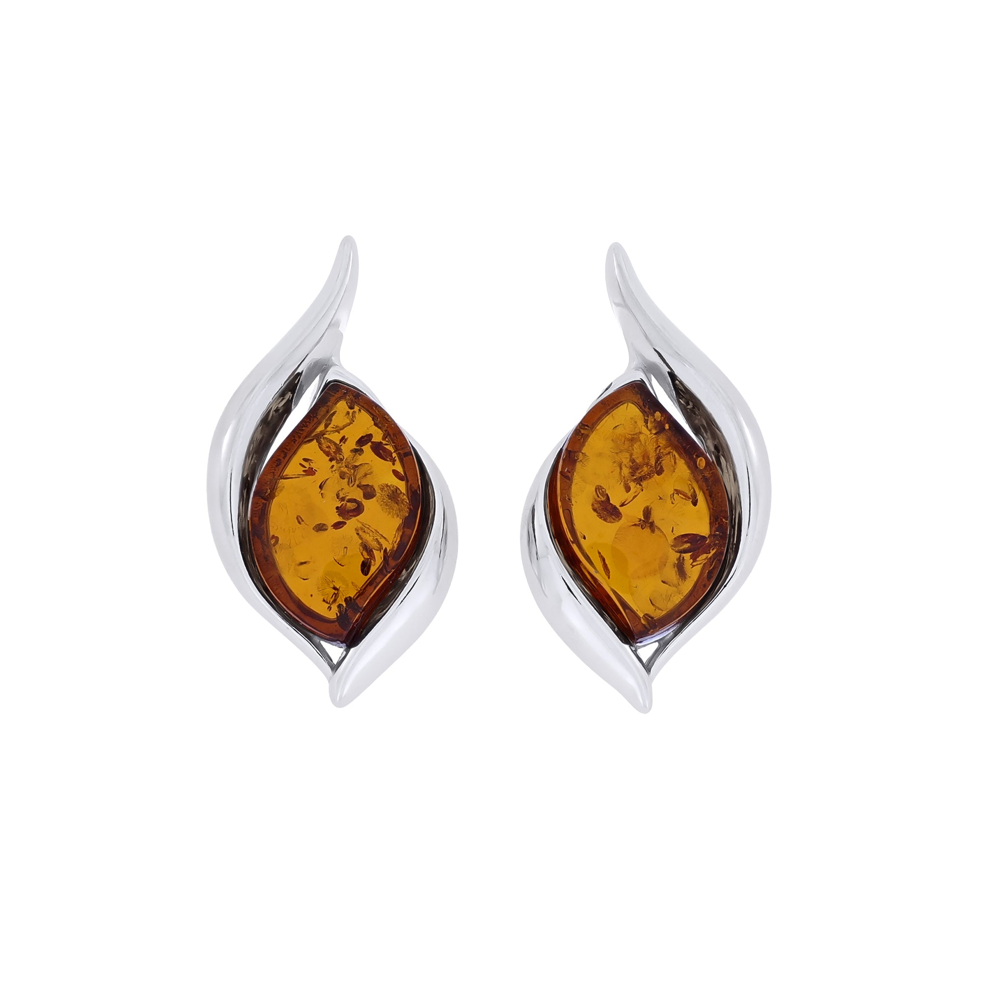 Pair of silver wave earrings with amber marquise stones on a white background