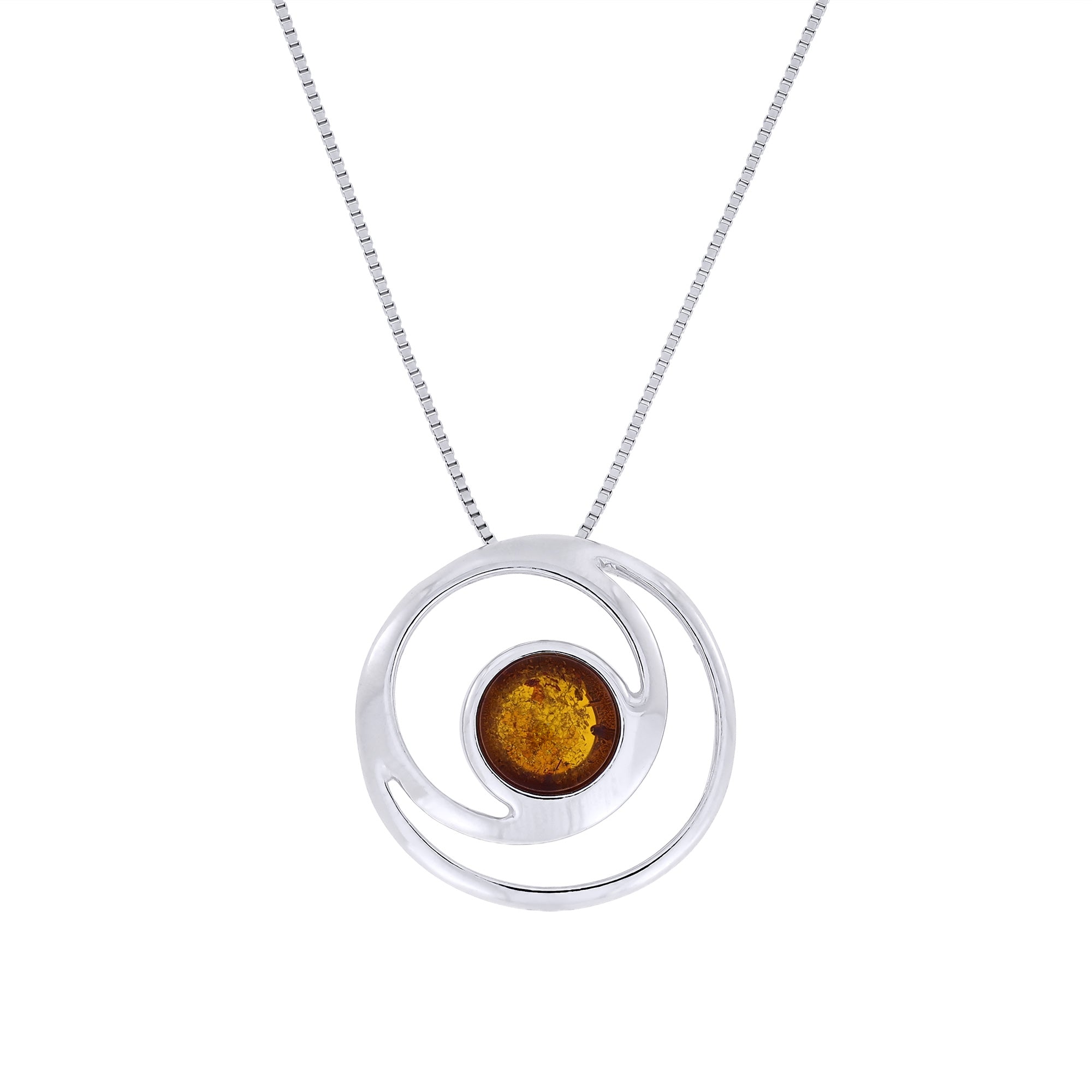 Silver necklace with a circular pendant featuring an amber stone on a white background