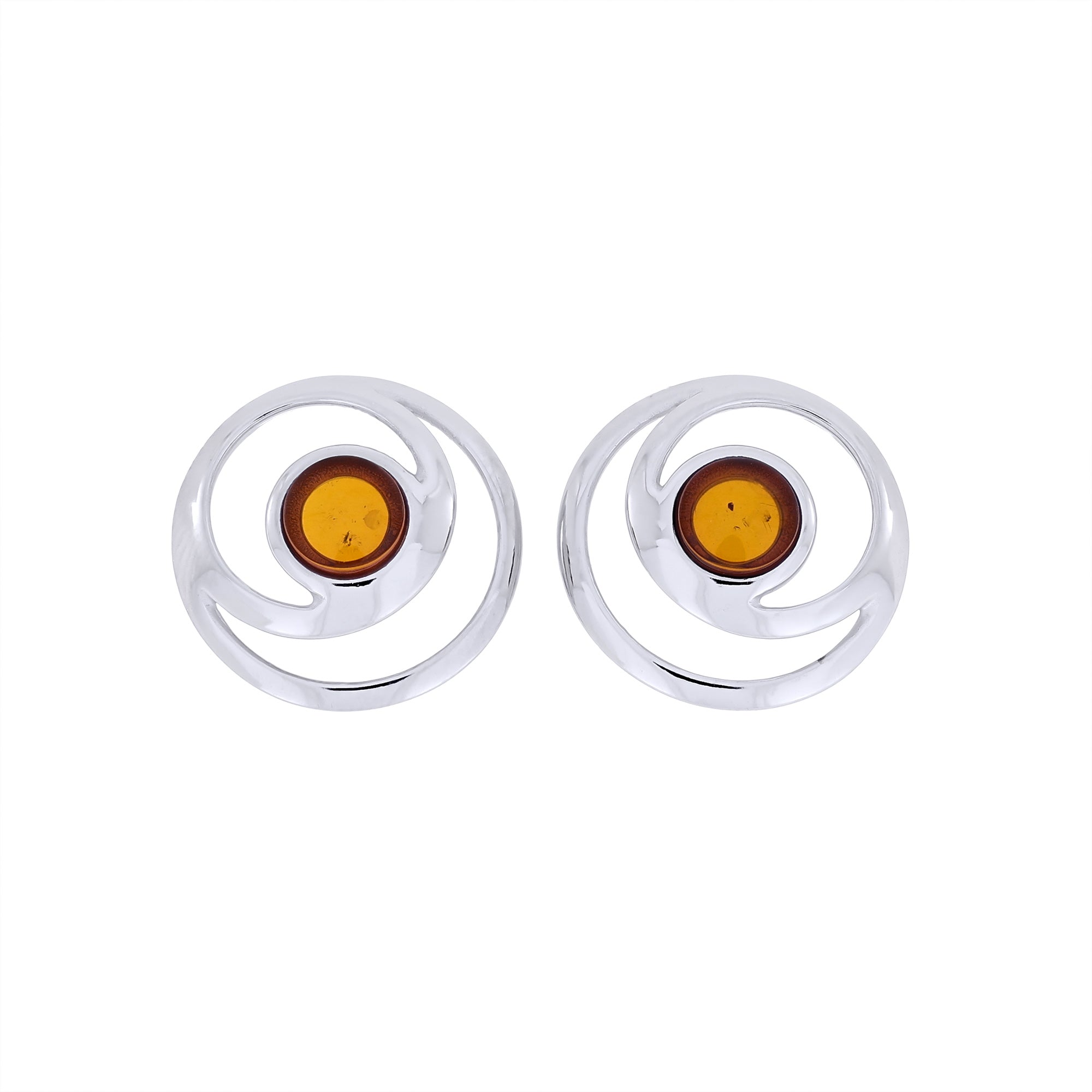 Pair of silver circle earrings with amber stones on a white background