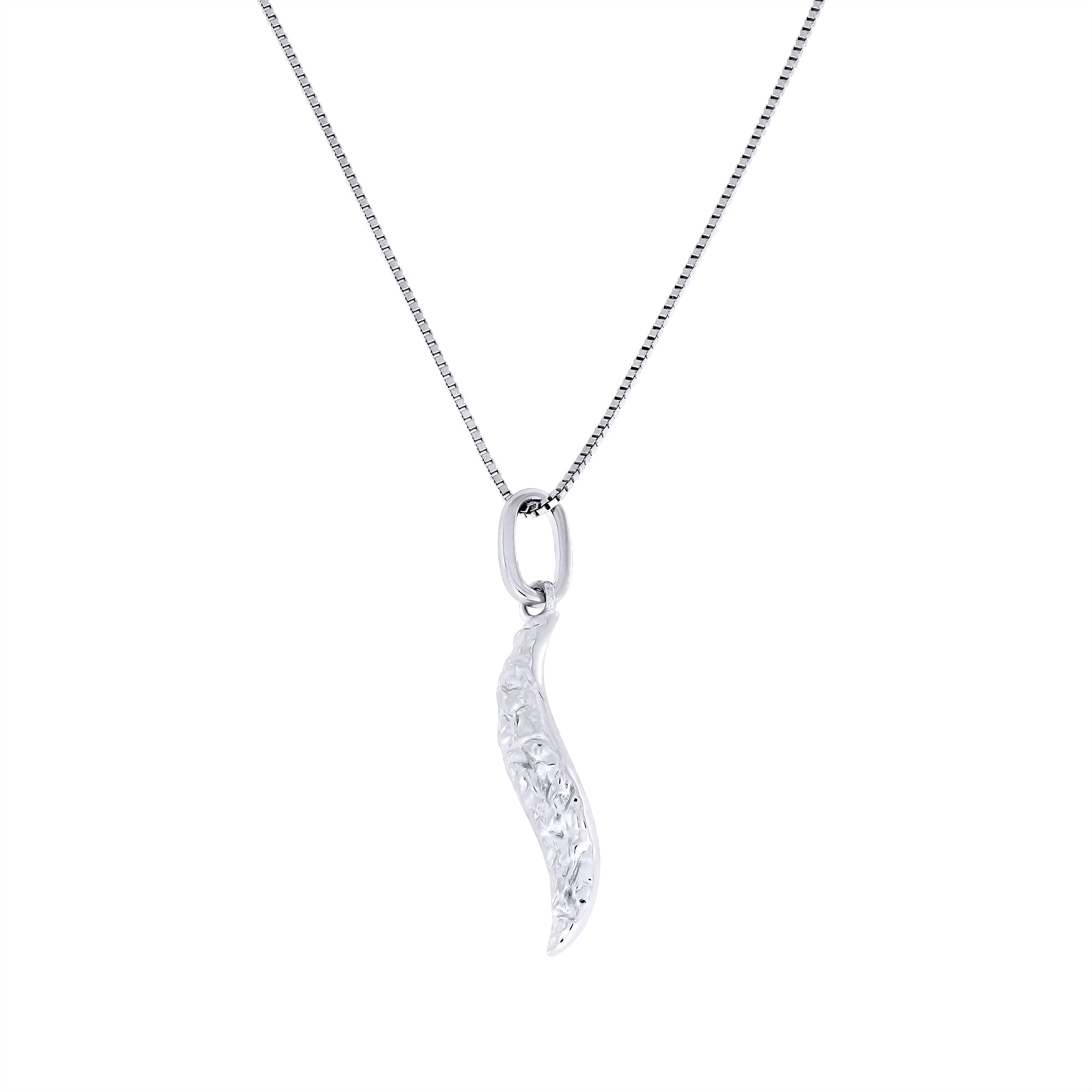 Silver necklace with a textured leaf-shaped pendant on a white background