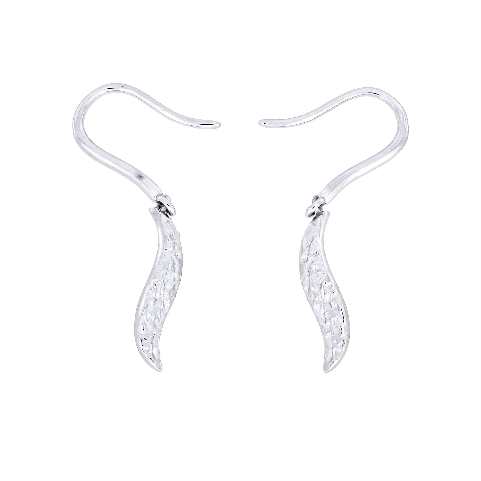 Silver textured drop earrings with a wavy design on a white background