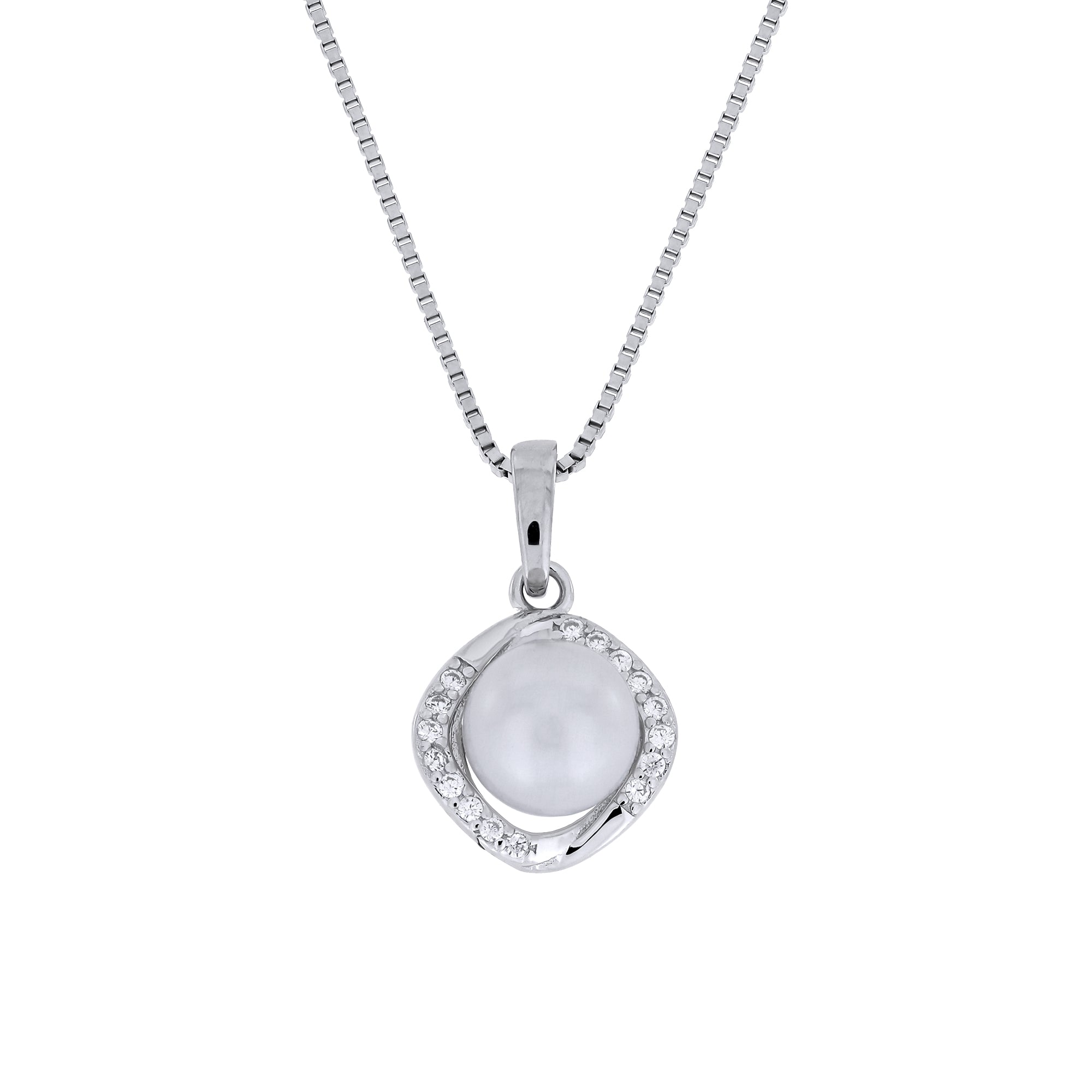 Silver necklace with a round freshwater pearl pendant, accented with cubic zirconia, on a white background