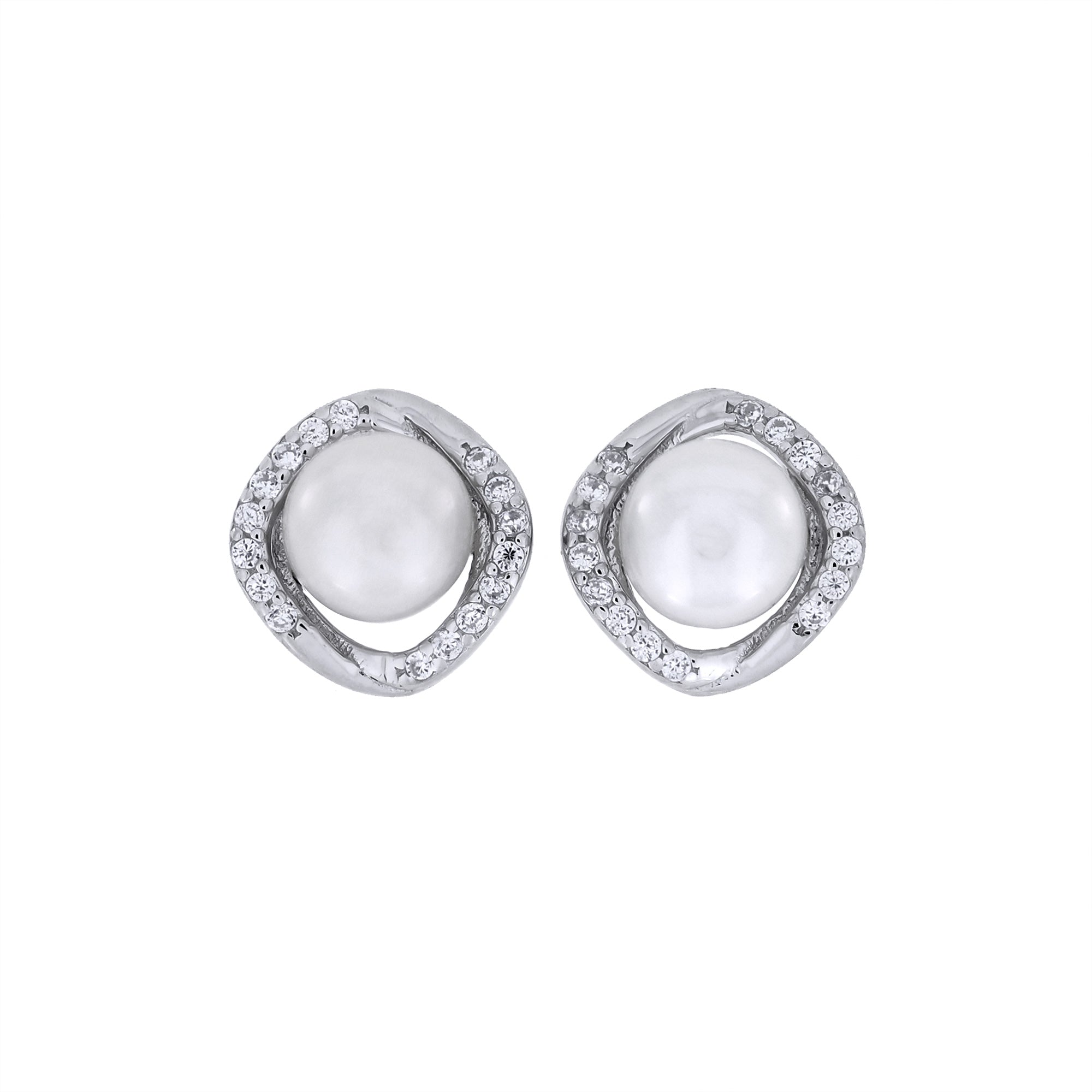 Pair of sterling silver earrings featuring a wraparound pavé cubic zirconia setting encircling lustrous freshwater pearls, combining classic elegance with contemporary design.