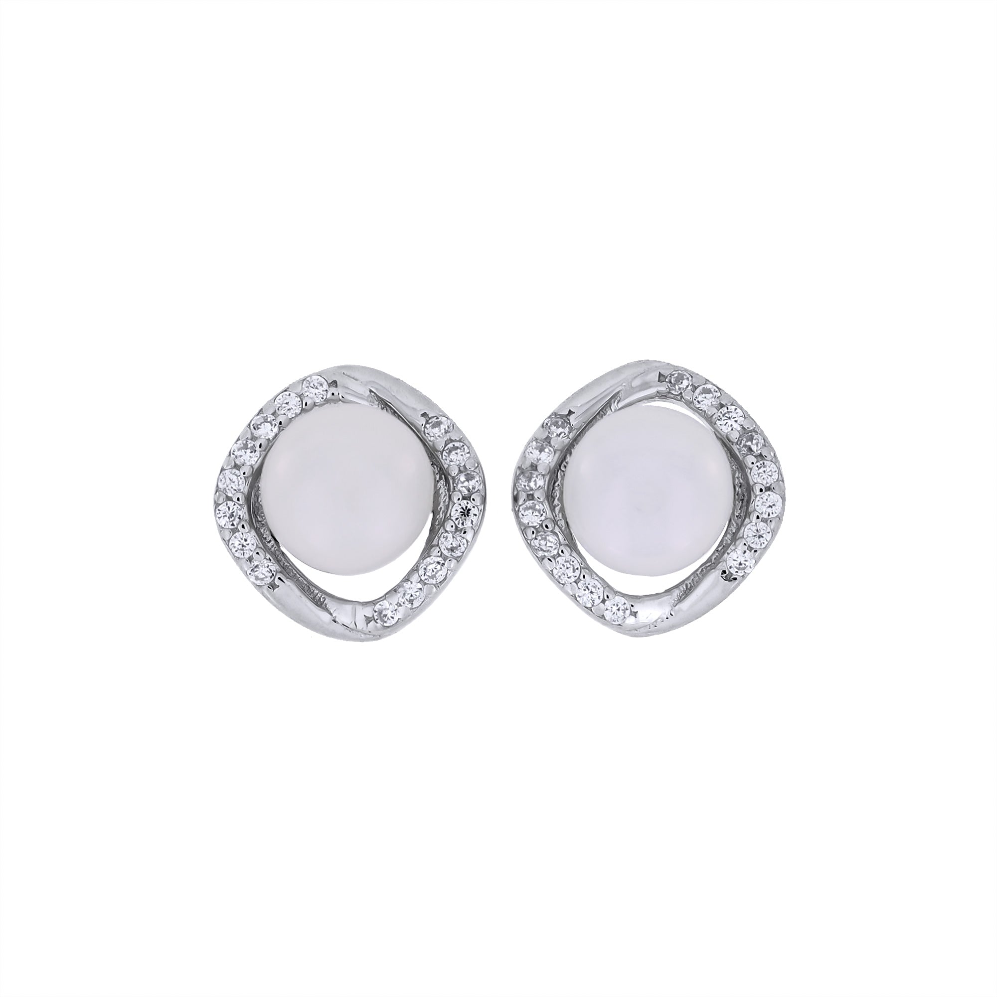 Pair of sterling silver earrings featuring a wraparound pavé cubic zirconia setting encircling lustrous freshwater pearls, combining classic elegance with contemporary design.