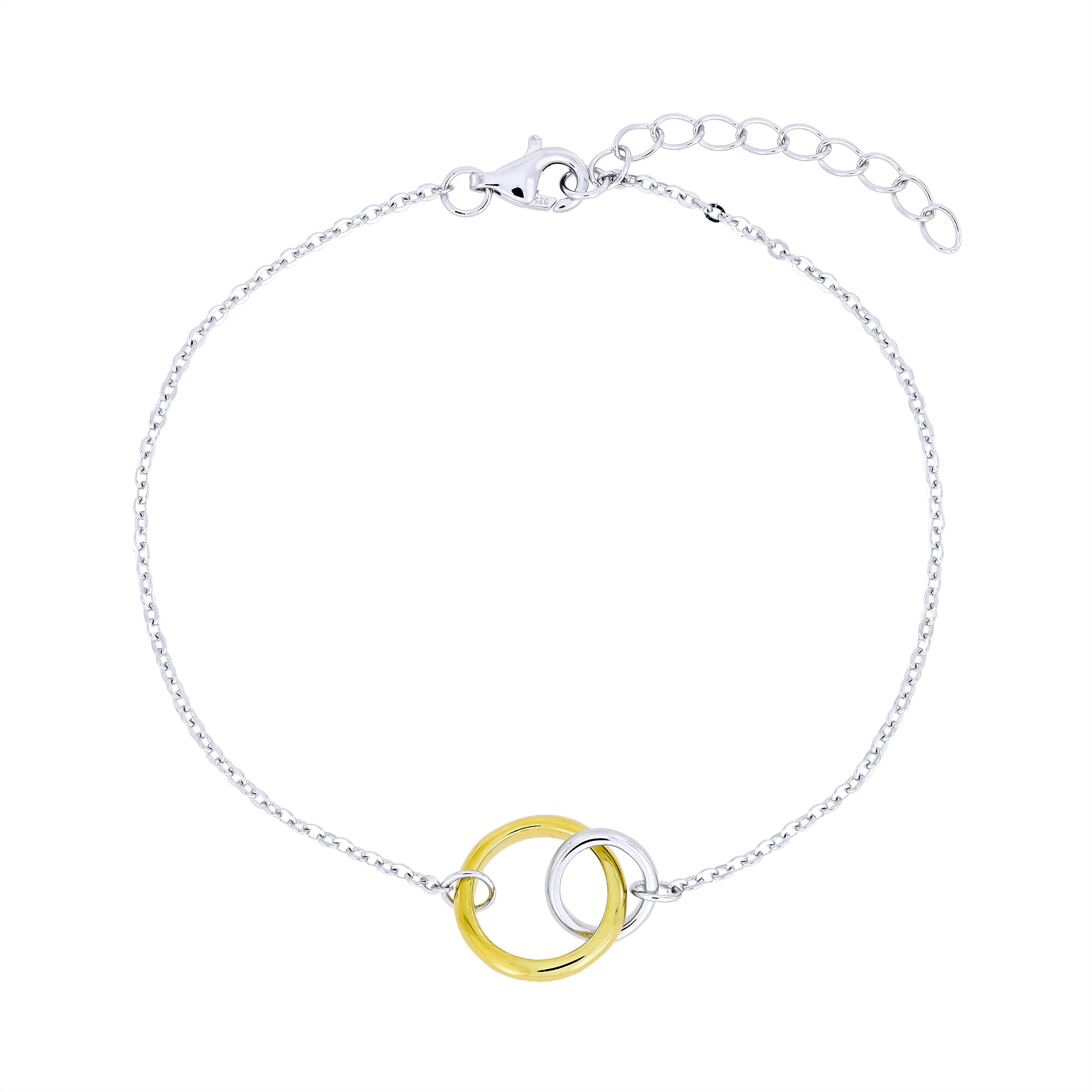 Silver and gold vermeil interlocking circles bracelet on a white background
