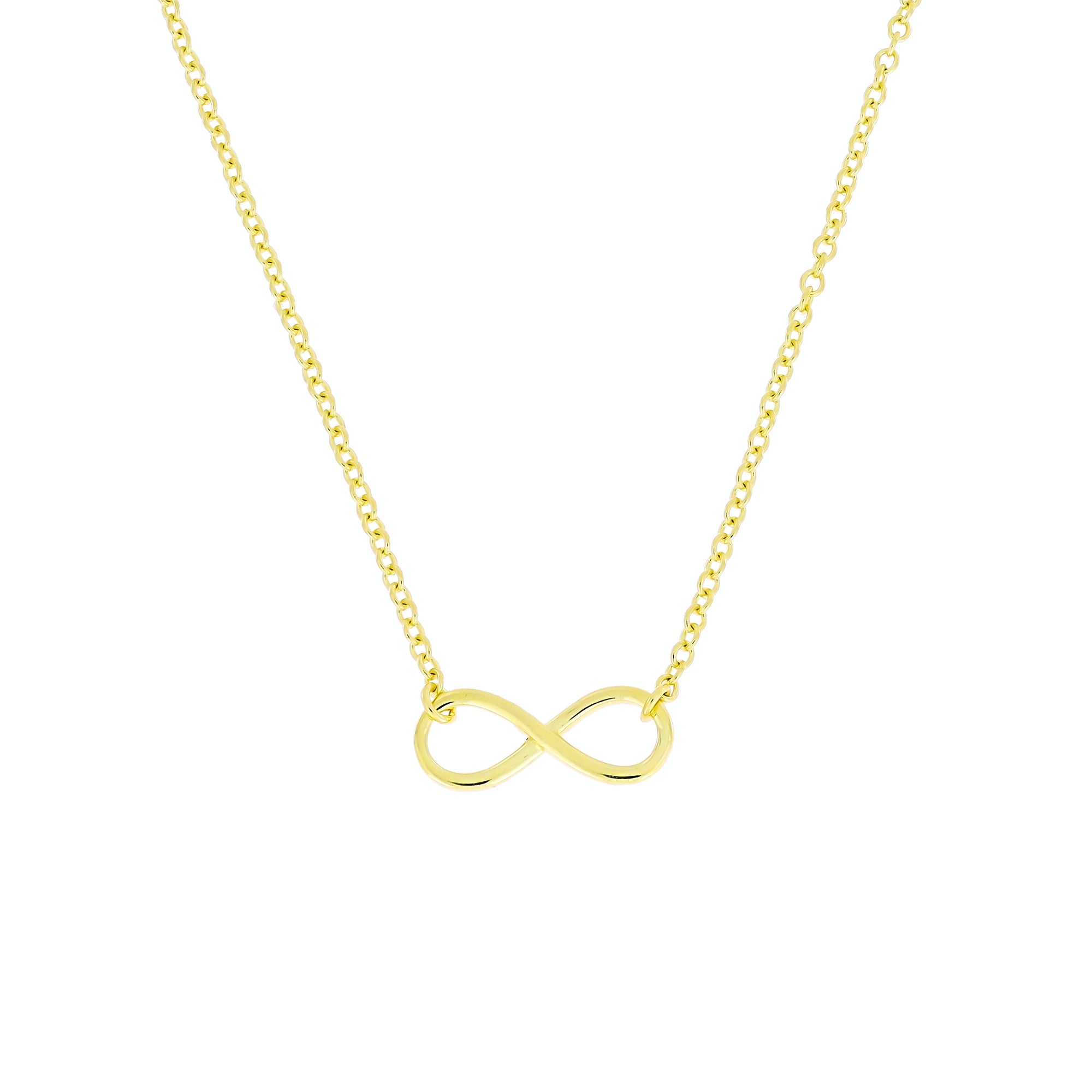 A close-up of a gold vermeil infinity necklace on a white background