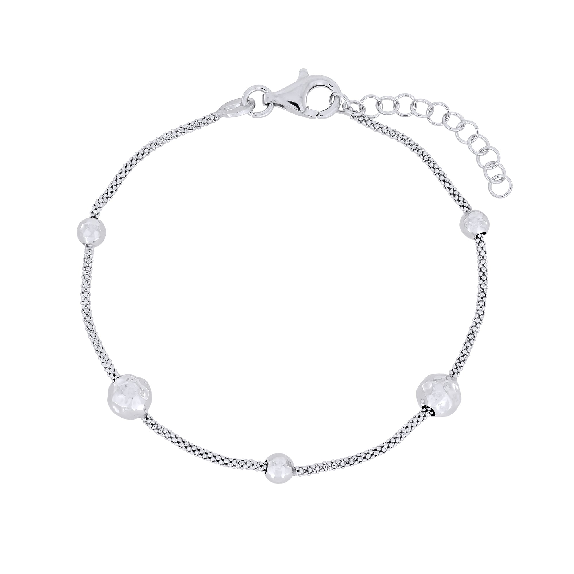 Sterling silver popcorn chain bracelet with textured beads on a white background