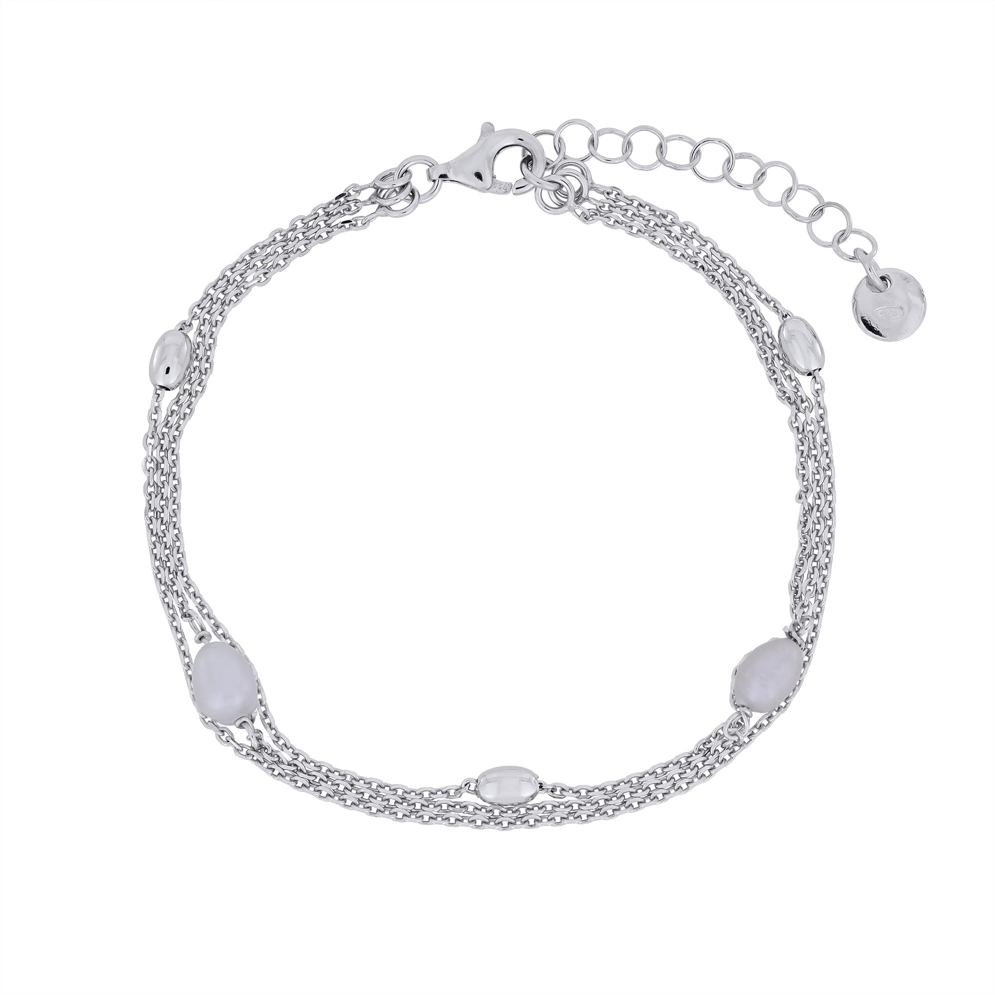 Silver bracelet with multiple chains, freshwater pearls and silver beads on a white background