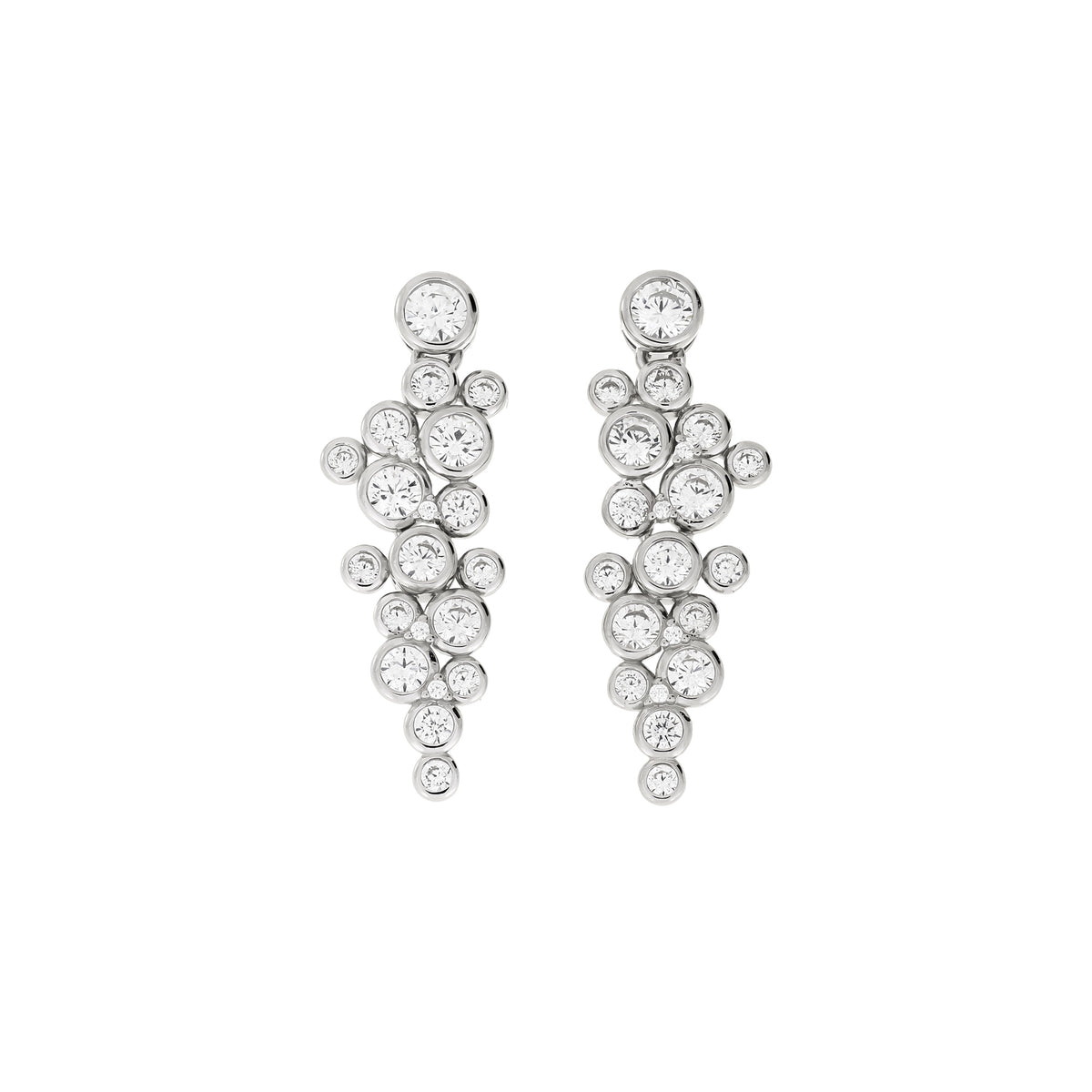 A pair of silver drop earrings featuring clusters of clear round-cut cubic zirconia stones in a grapevine-like design, set against a plain white background.