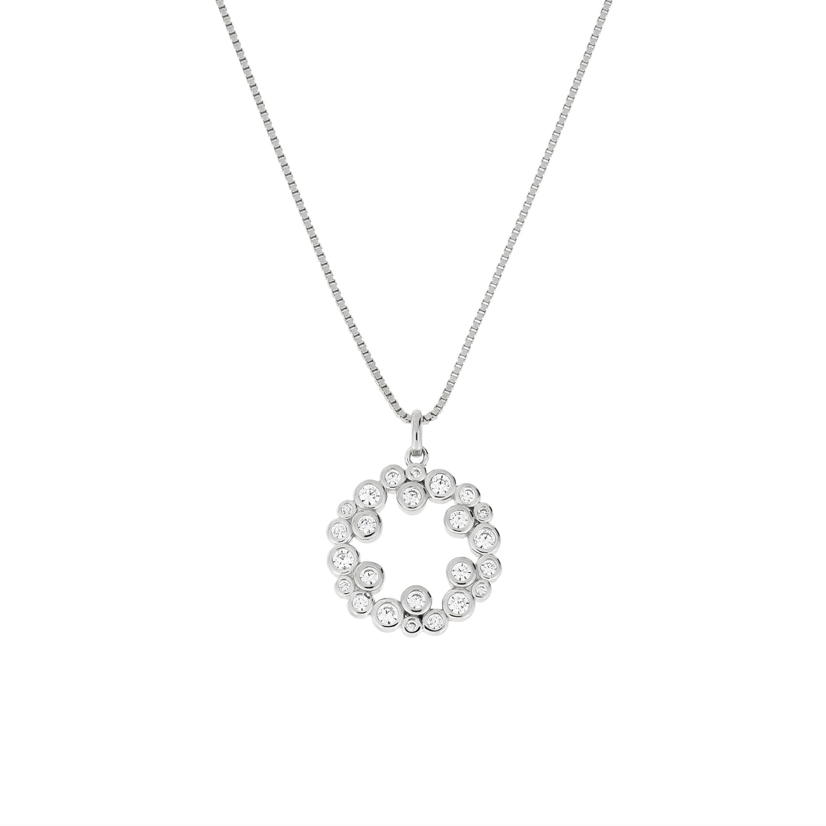A silver chain necklace with a circular pendant composed of clear faceted cubic zirconia stones, shown against a plain white background.