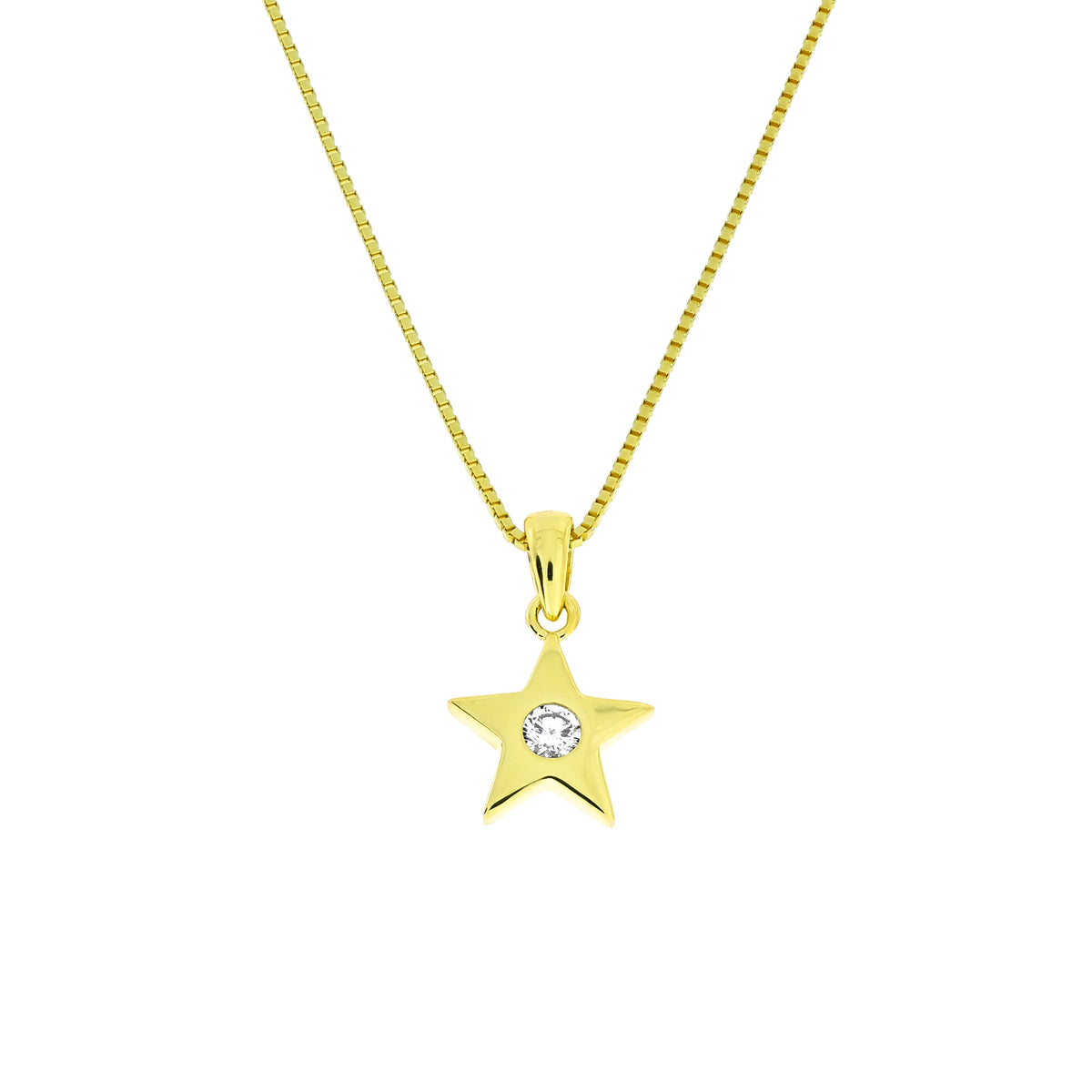 A gold vermeil star pendant with a lab grown diamond in the center, suspended from a gold vermeil box chain against a plain white background.