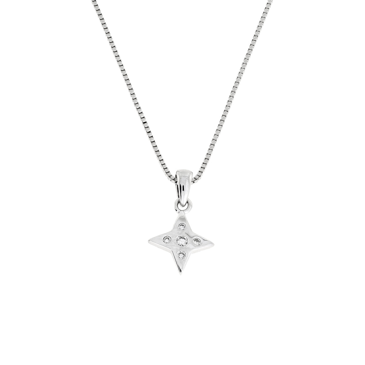 A silver box chain necklace with a four-pointed star pendant adorned with lab grown diamonds, shown against a plain white background.