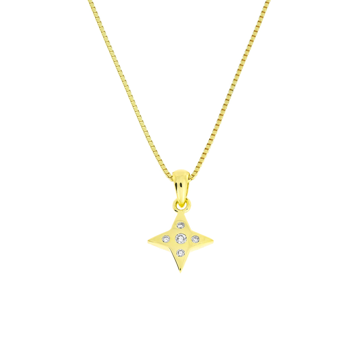 A gold vermeil star-shaped pendant necklace with five lab grown diamonds, suspended from a gold box chain against a plain white background.