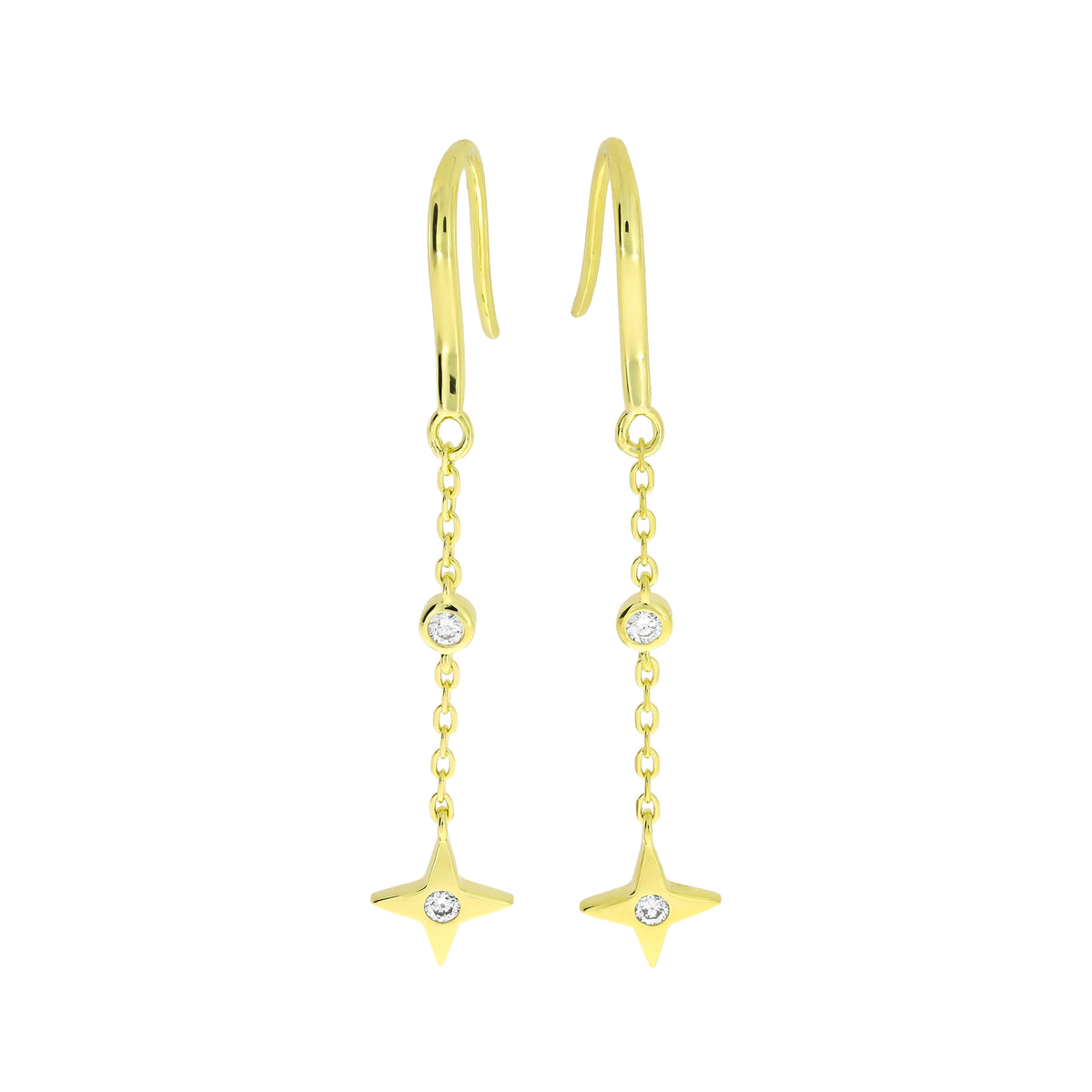 A pair of gold vermeil drop earrings with a hook back, round bezel-set lab diamonds, and a dangling star-shaped charm set with another lab diamond, shown on a plain white background.