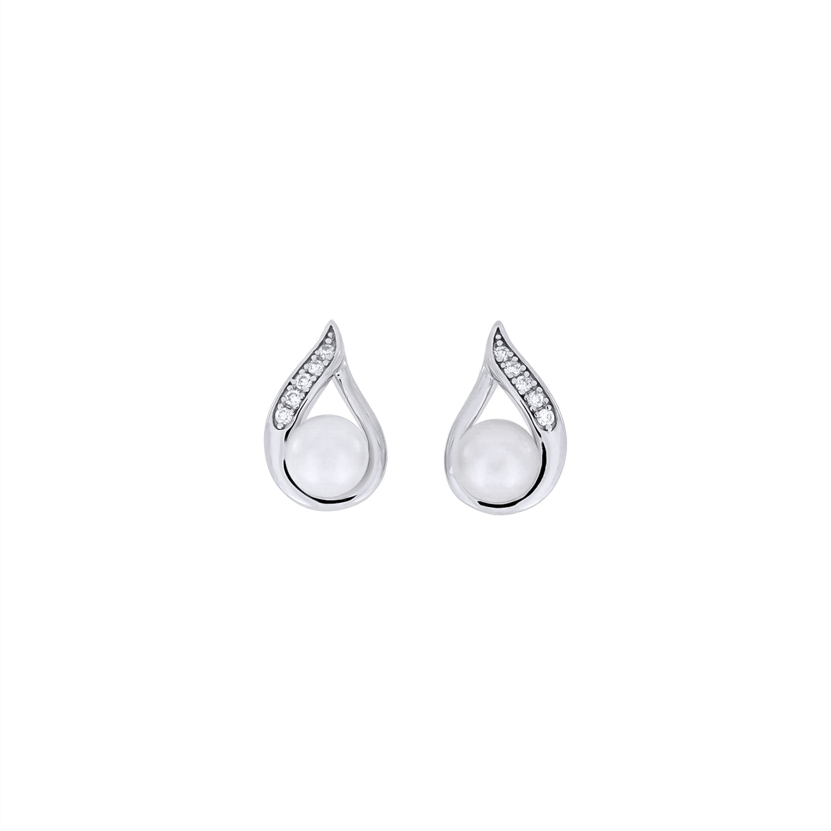 Pair of silver earrings with freshwater pearls and lab grown diamonds on a white background