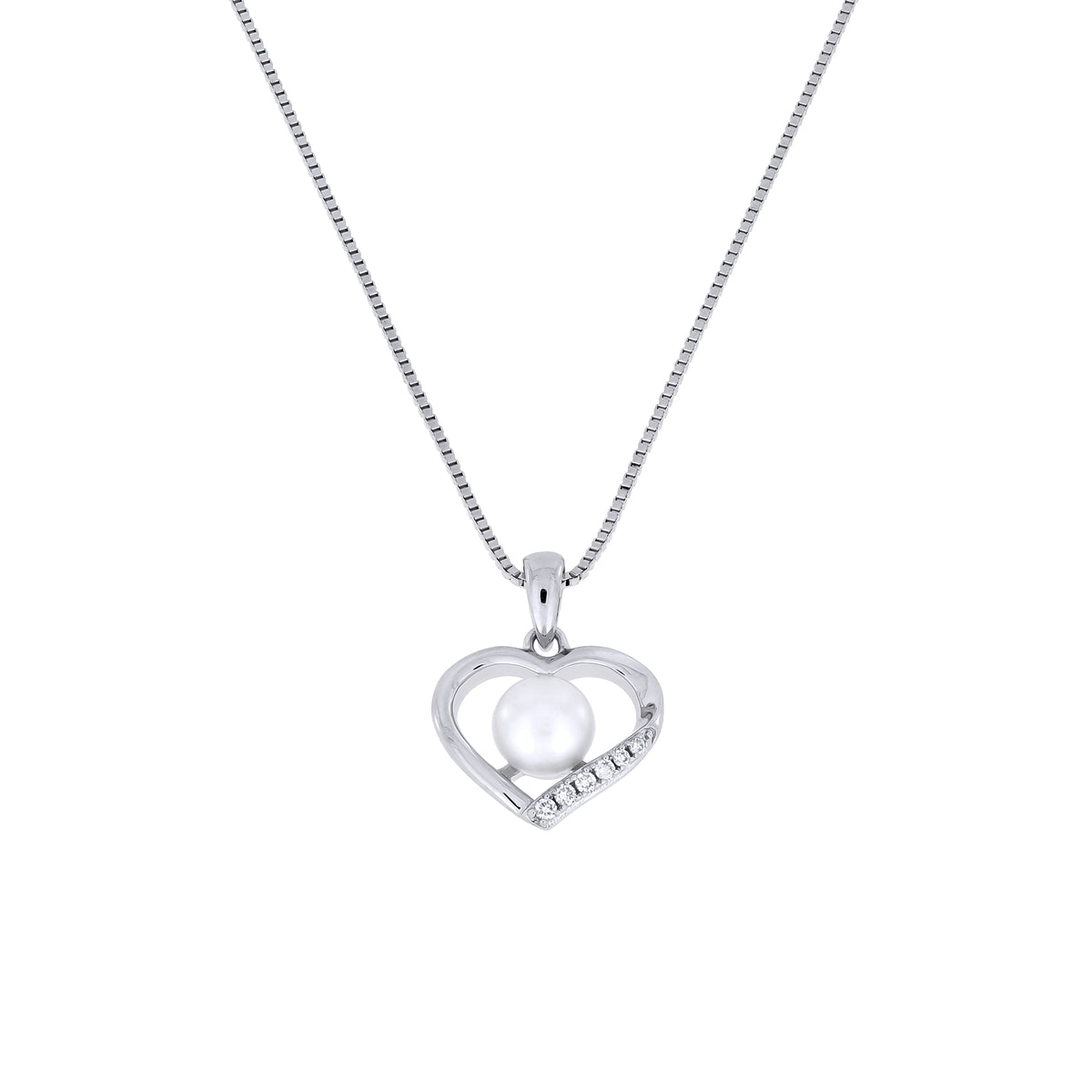 Silver heart-shaped pendant with a pearl and lab grown diamonds on a white background