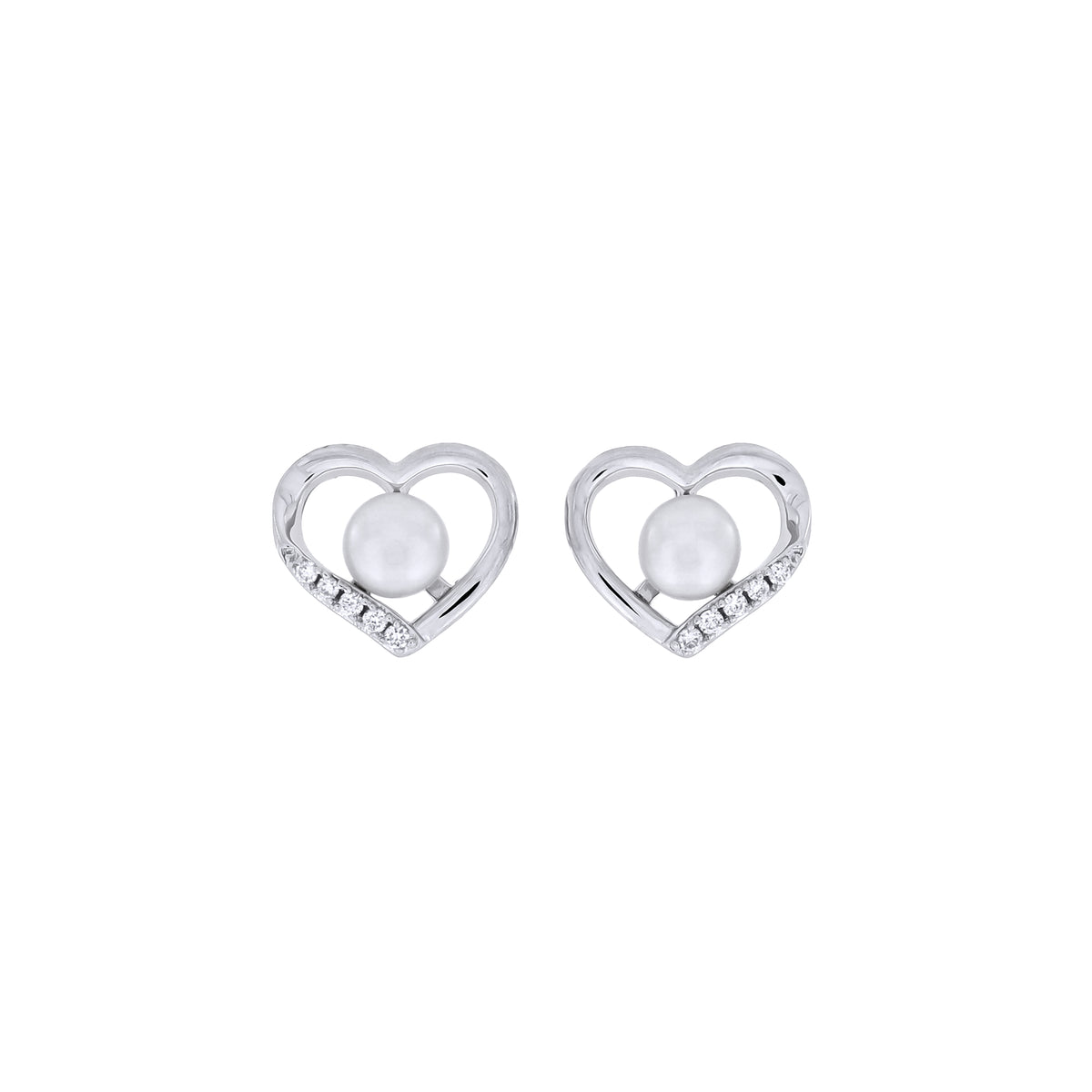 Heart-shaped stud earrings with pearl centers and lab grown diamond embellishments on a white background