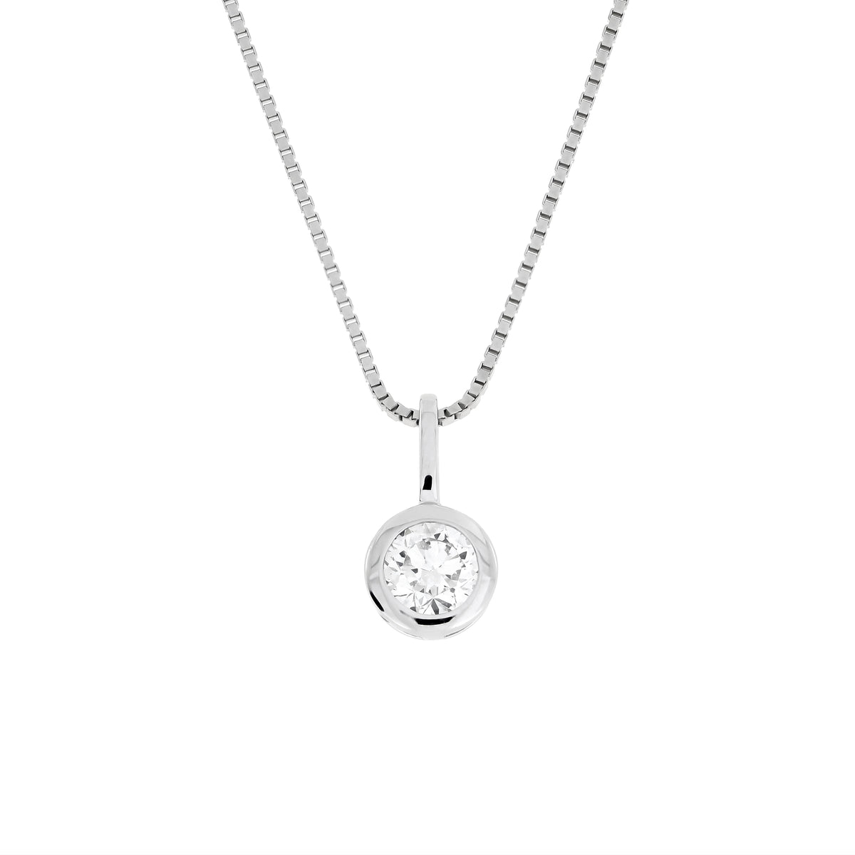 A silver box chain necklace with a round bezel-set 1/2 carat lab diamond pendant, shown against a plain white background.