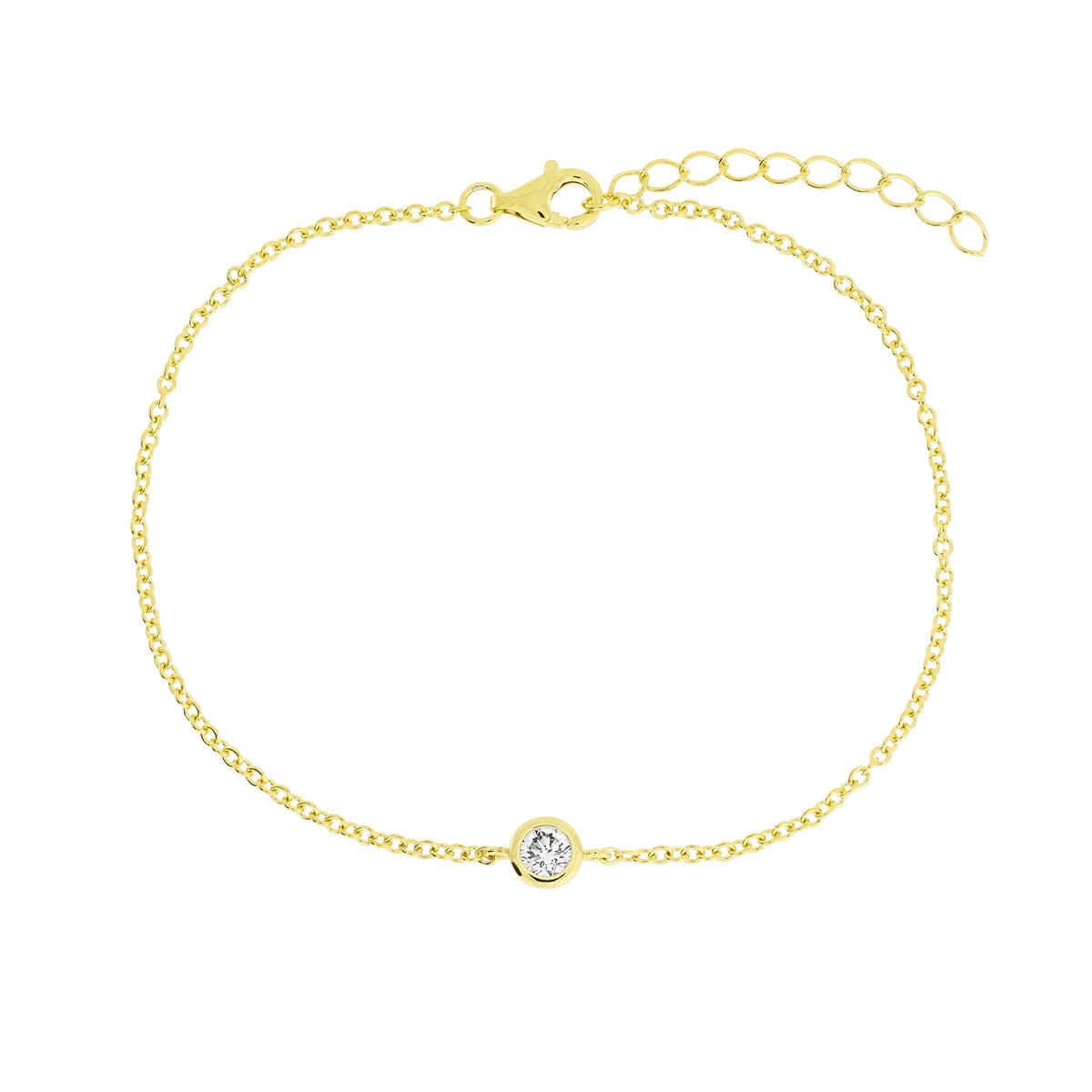 A delicate yellow gold vermeil chain bracelet with a bezel-set lab grown diamond, displayed on a clean white background.