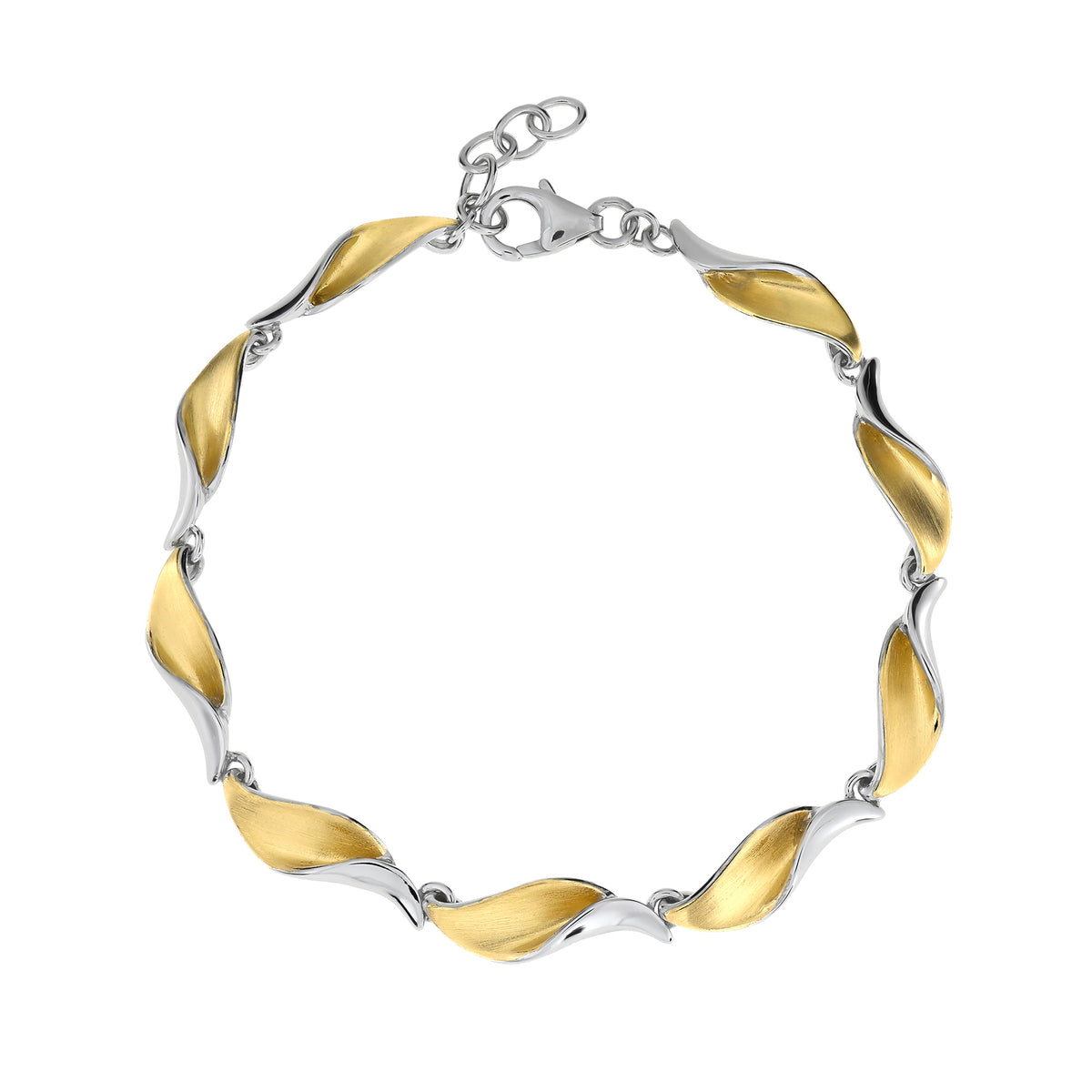 A two-tone link bracelet with a wavy, leaf-like design, featuring a satin gold vermeil finish on one side and a polished silver finish on the other, complete with a lobster clasp on a white background.
