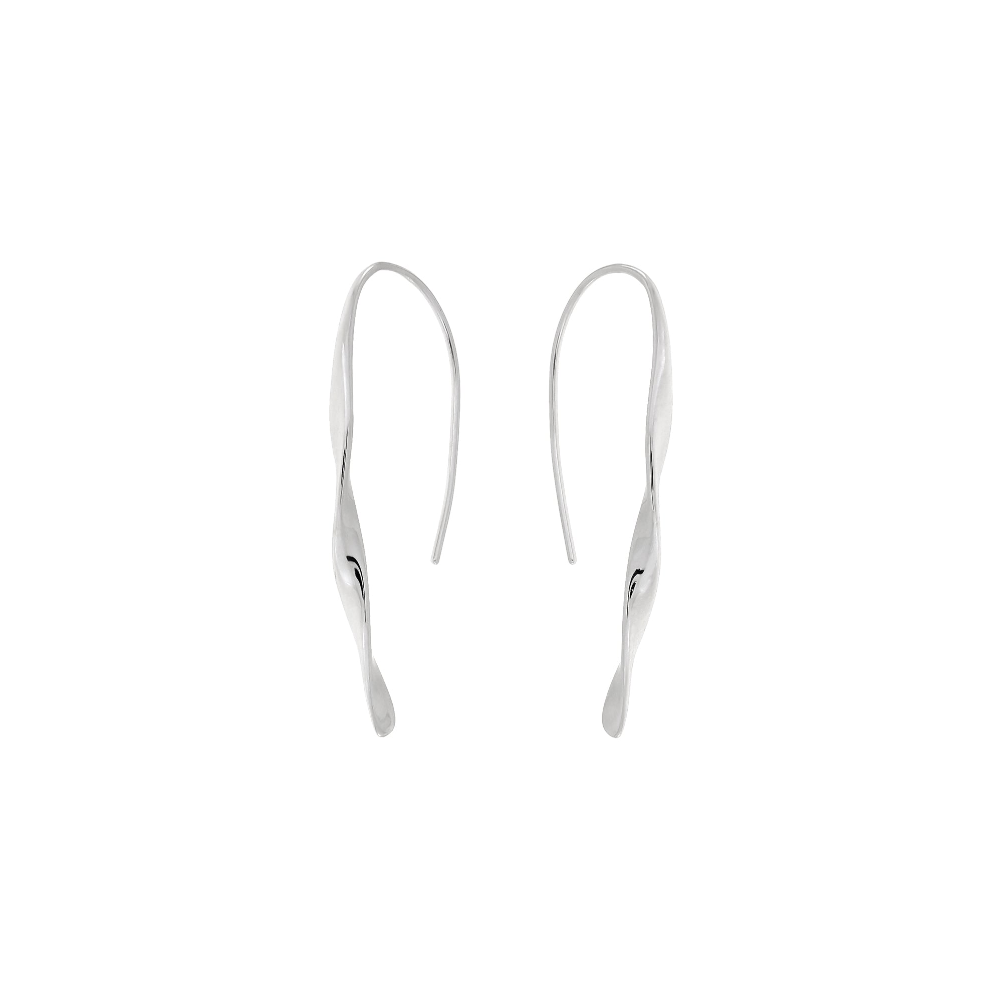 A pair of sterling silver twisting drop earrings with fishhook backs against a white background.