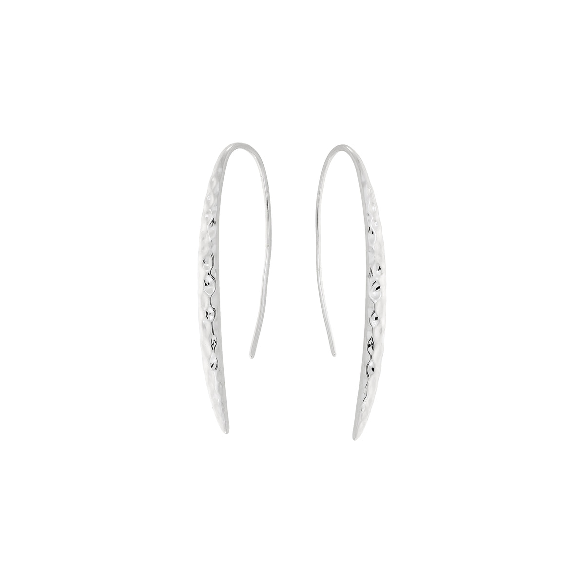 A pair of sterling silver hammered drop earrings with fishhook backs, shown against a plain white background.