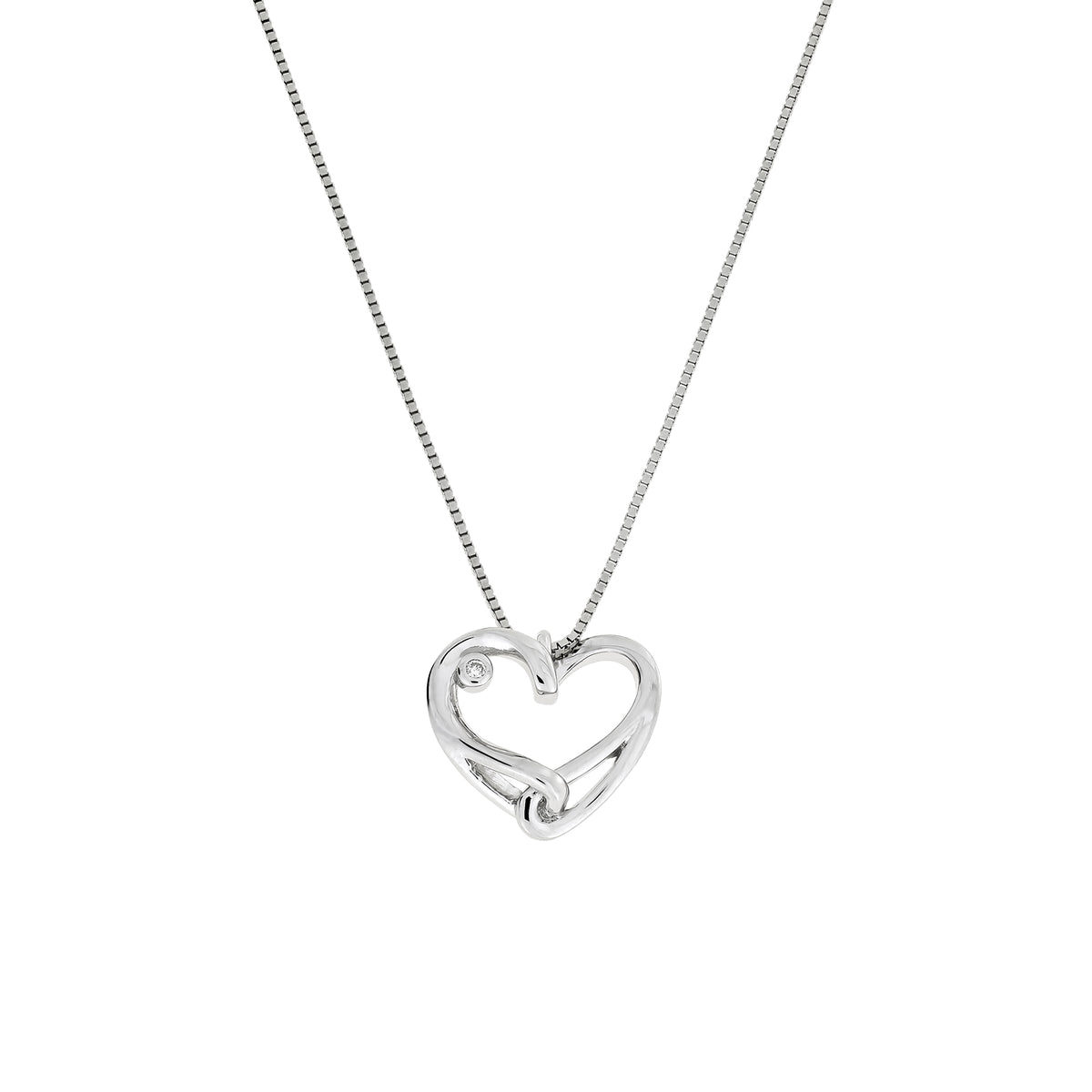 A silver heart-shaped pendant necklace with a lab grown diamond detail, suspended on a delicate silver box chain against a plain white background.