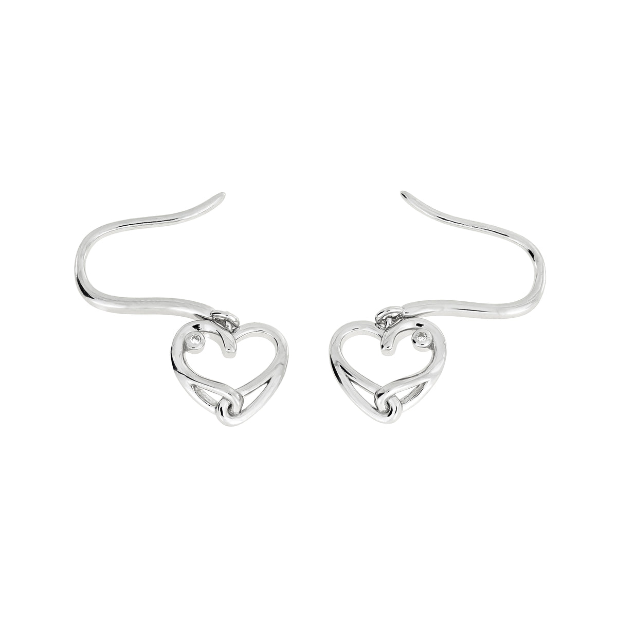 A pair of silver drop earrings with open heart-shaped charms with lab grown diamond accents, shown on a plain white background.
