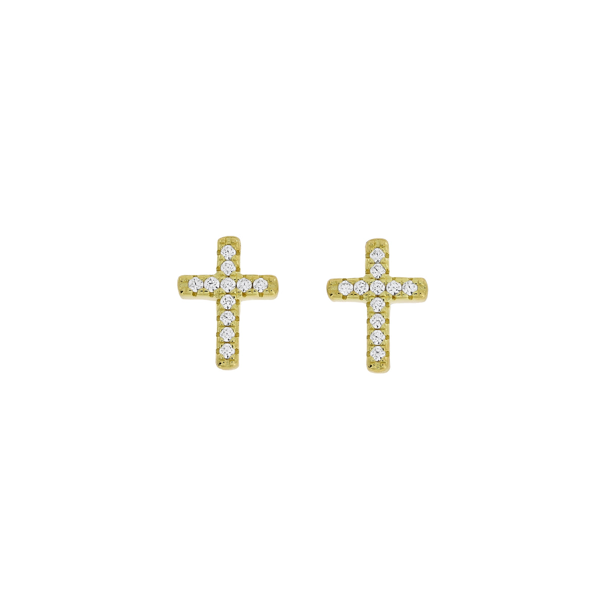 A pair of gold vermeil cross stud earrings set with small clear stones, shown on a plain white background.