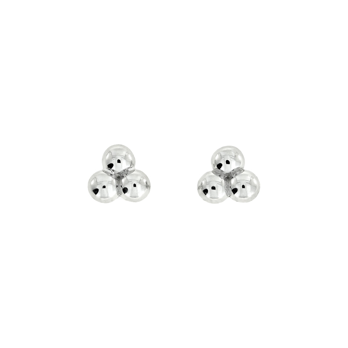 A pair of silver stud earrings, each featuring a small cluster of three polished silver beads arranged in a triangle, set against a plain white background.