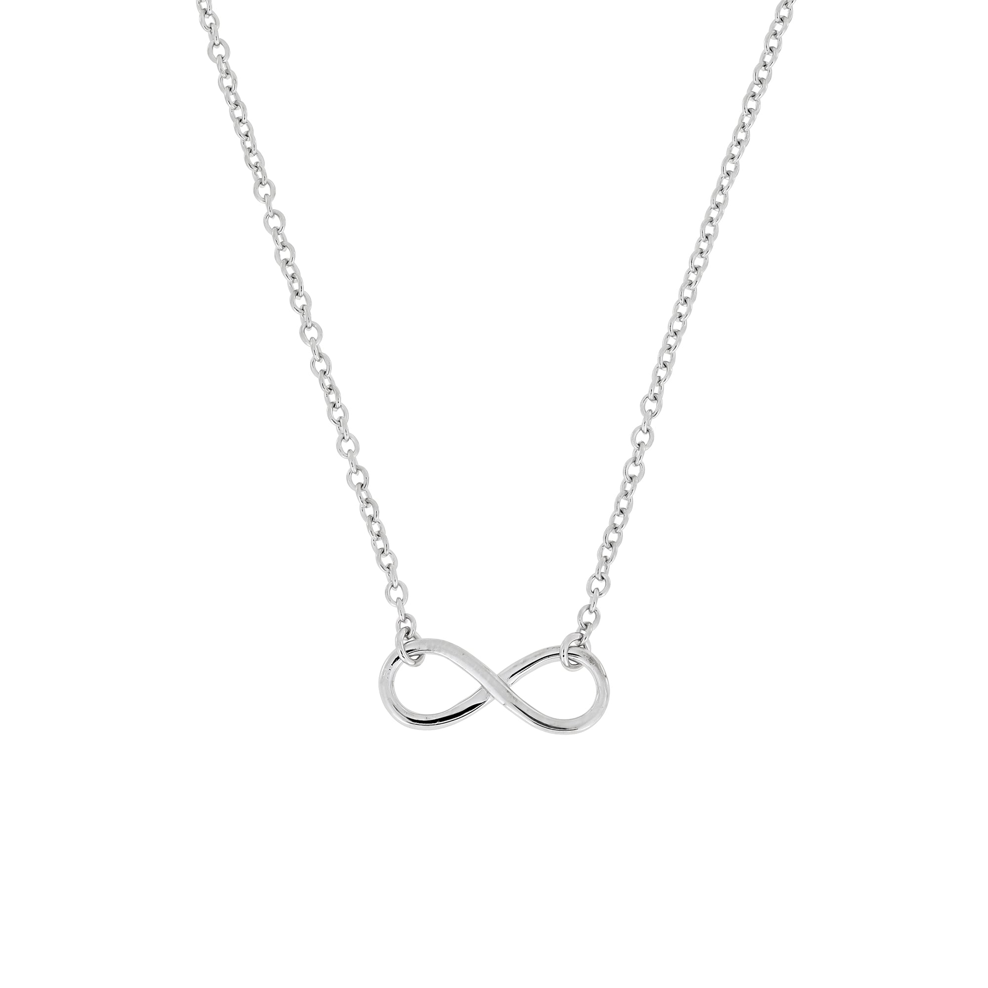 A delicate sterling silver necklace featuring a simple infinity symbol pendant on a fine adjustable chain, embodying elegant and timeless design.