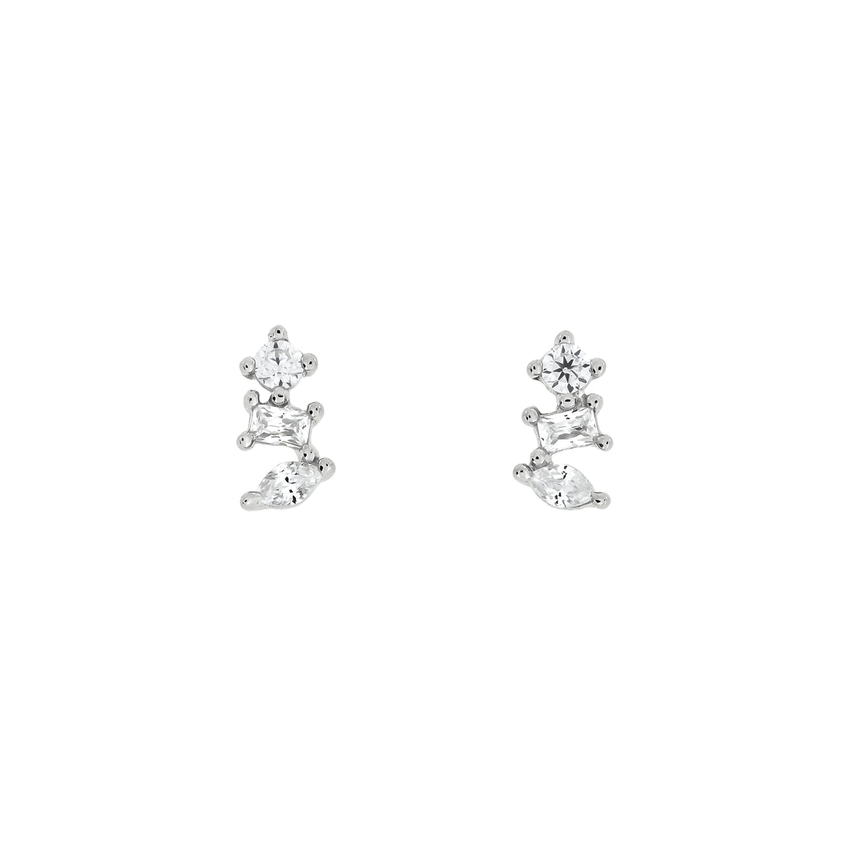 Pair of sterling silver stud earrings each featuring three sparkling cubic zirconia stones arranged vertically for a modern and refined jewellery design.
