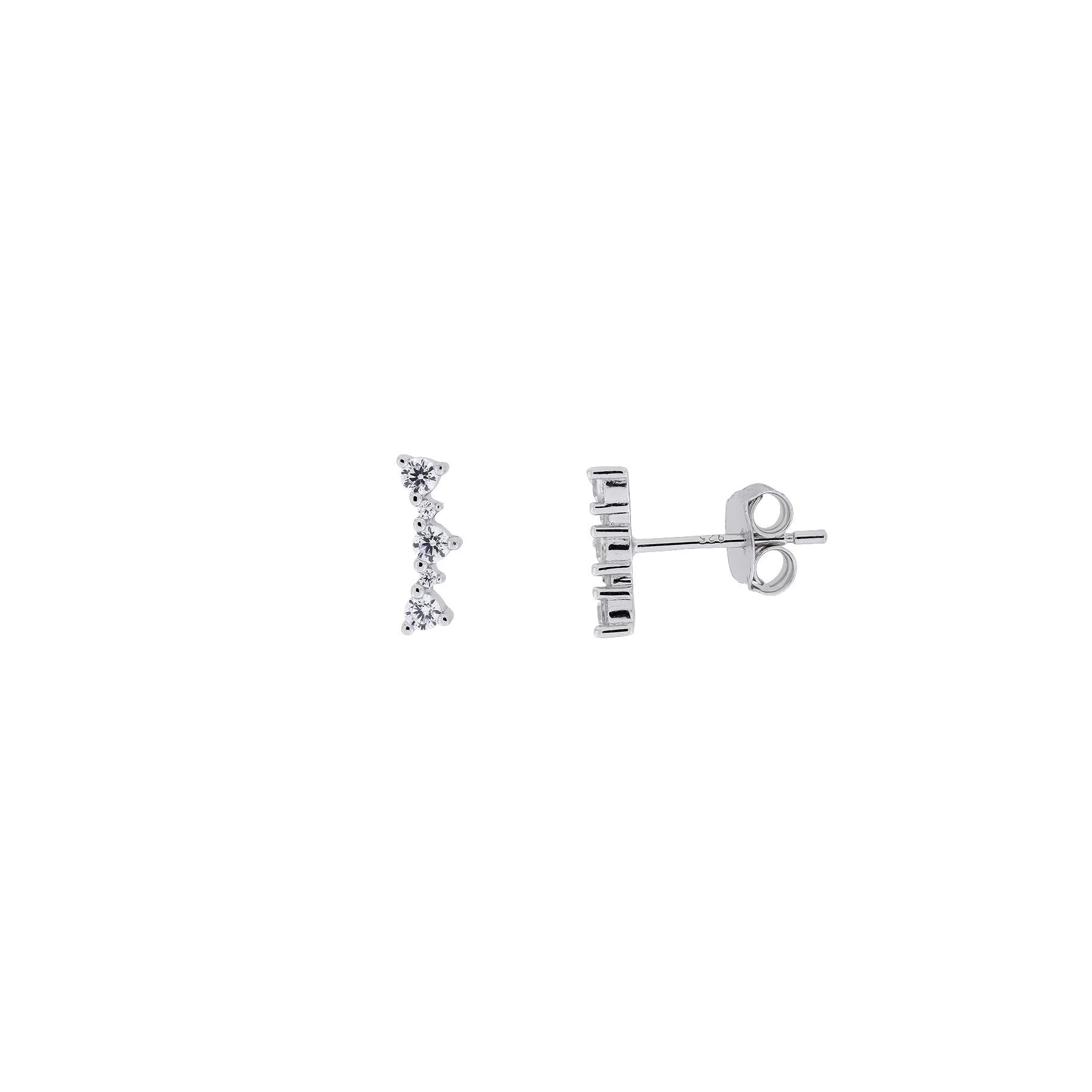 Pair of sterling silver stud earrings featuring a curved line of sparkling cubic zirconia stones set in a sleek, modern design for elegant everyday wear.